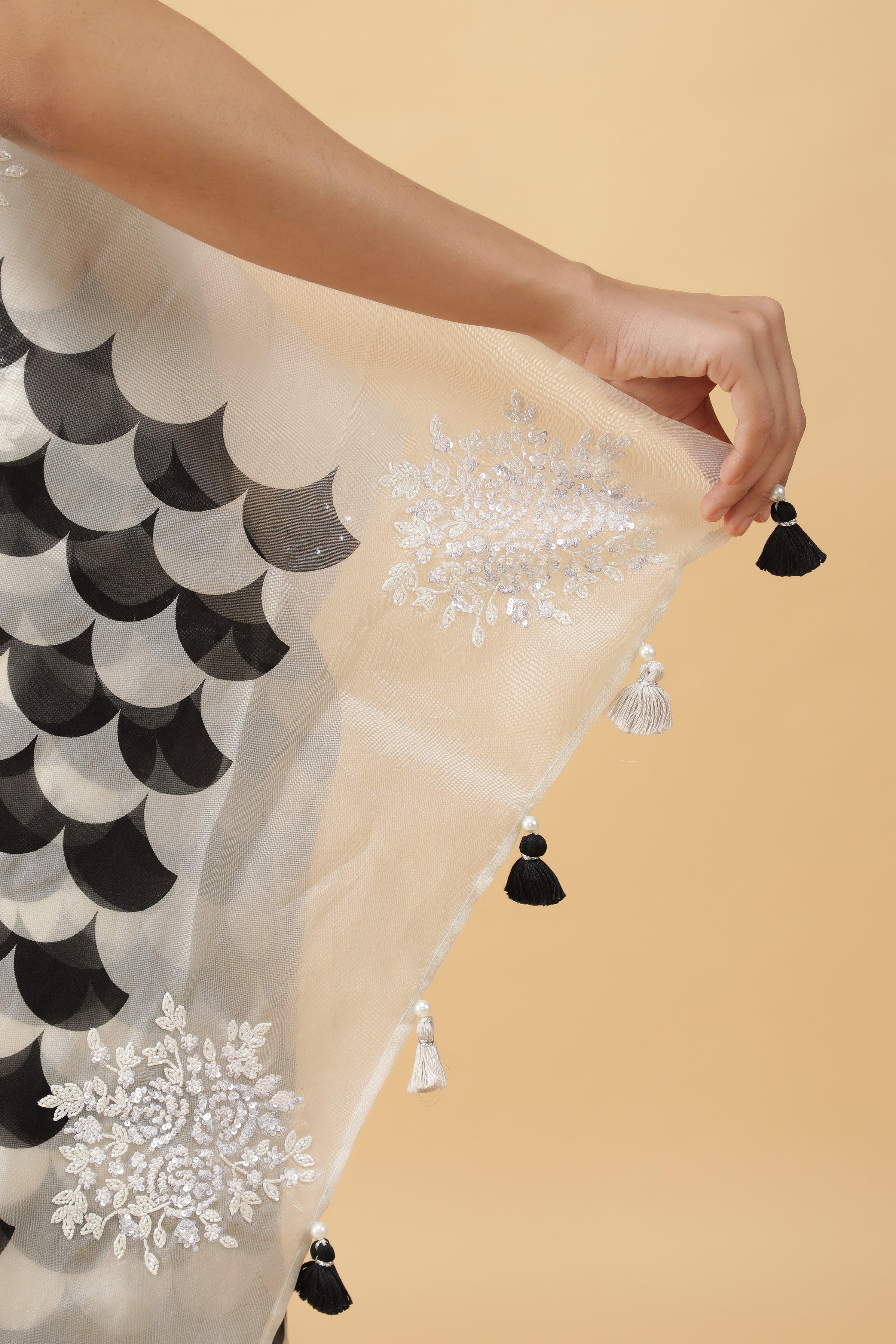 Black & White Kora Silk Saree with Sequin Embroidery - Mokshaa