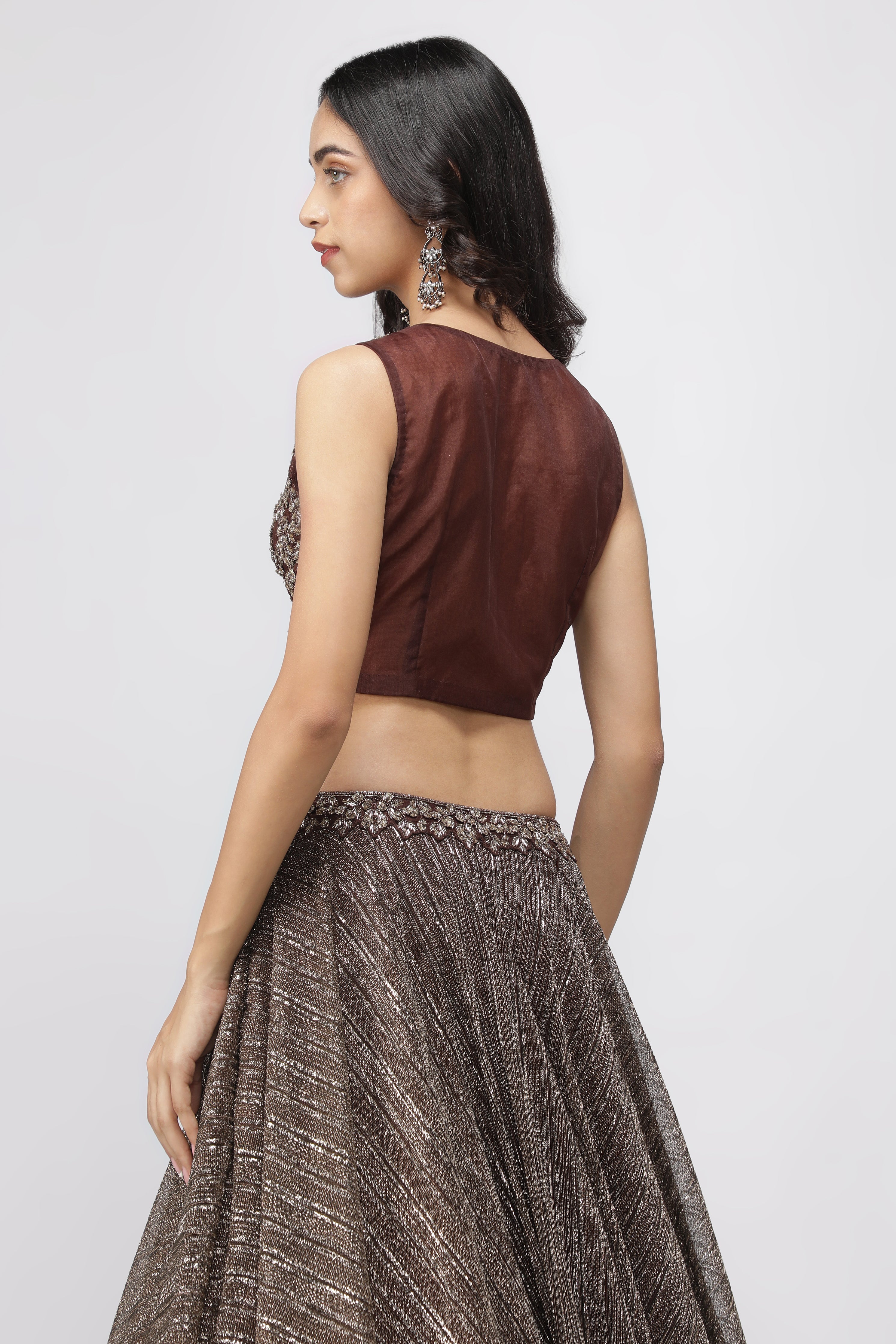 Coffee Brown Jacket Lehenga with Metallic Pearl Embroidery