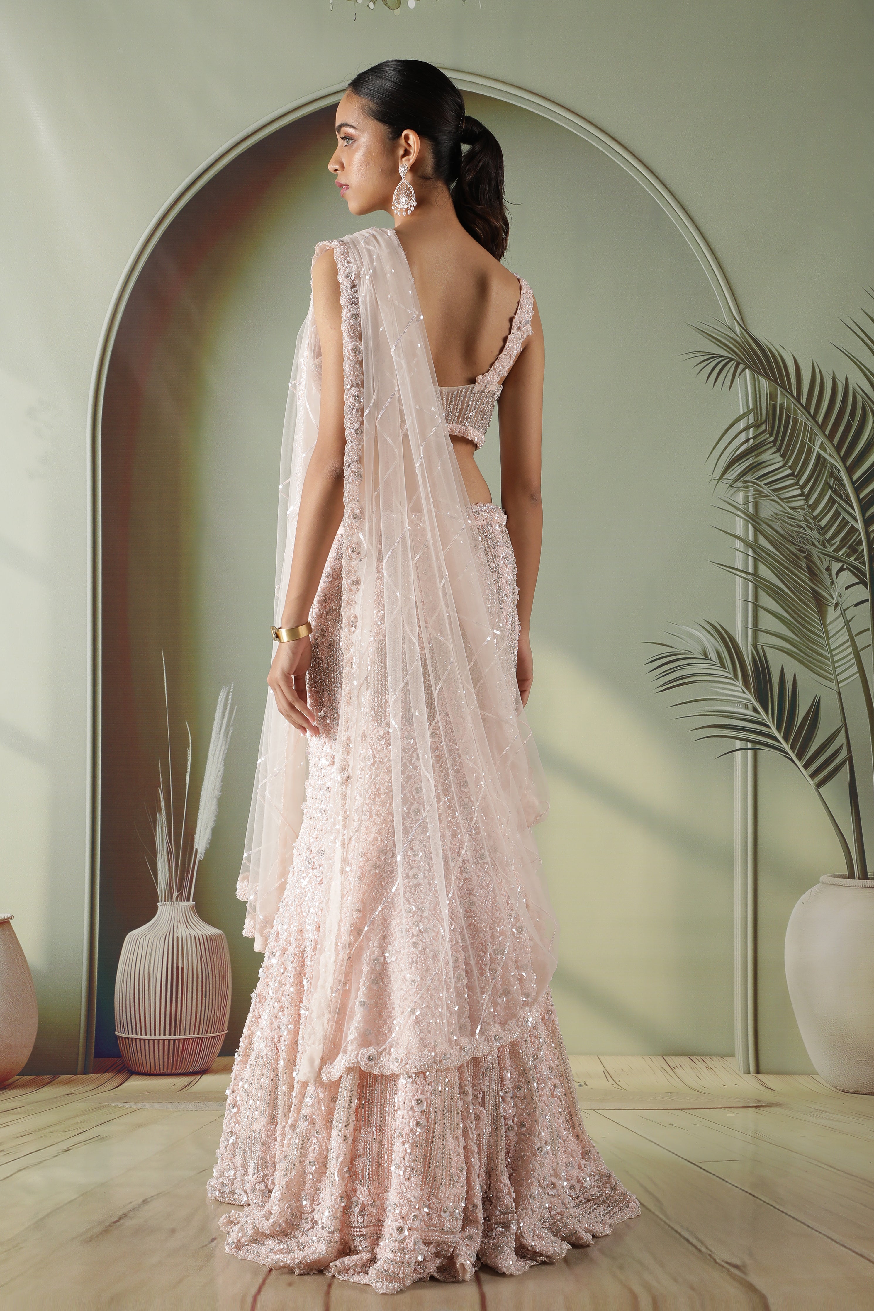 Blush Pink Sequin & Pearl Embellished Mermaid Lehenga Set