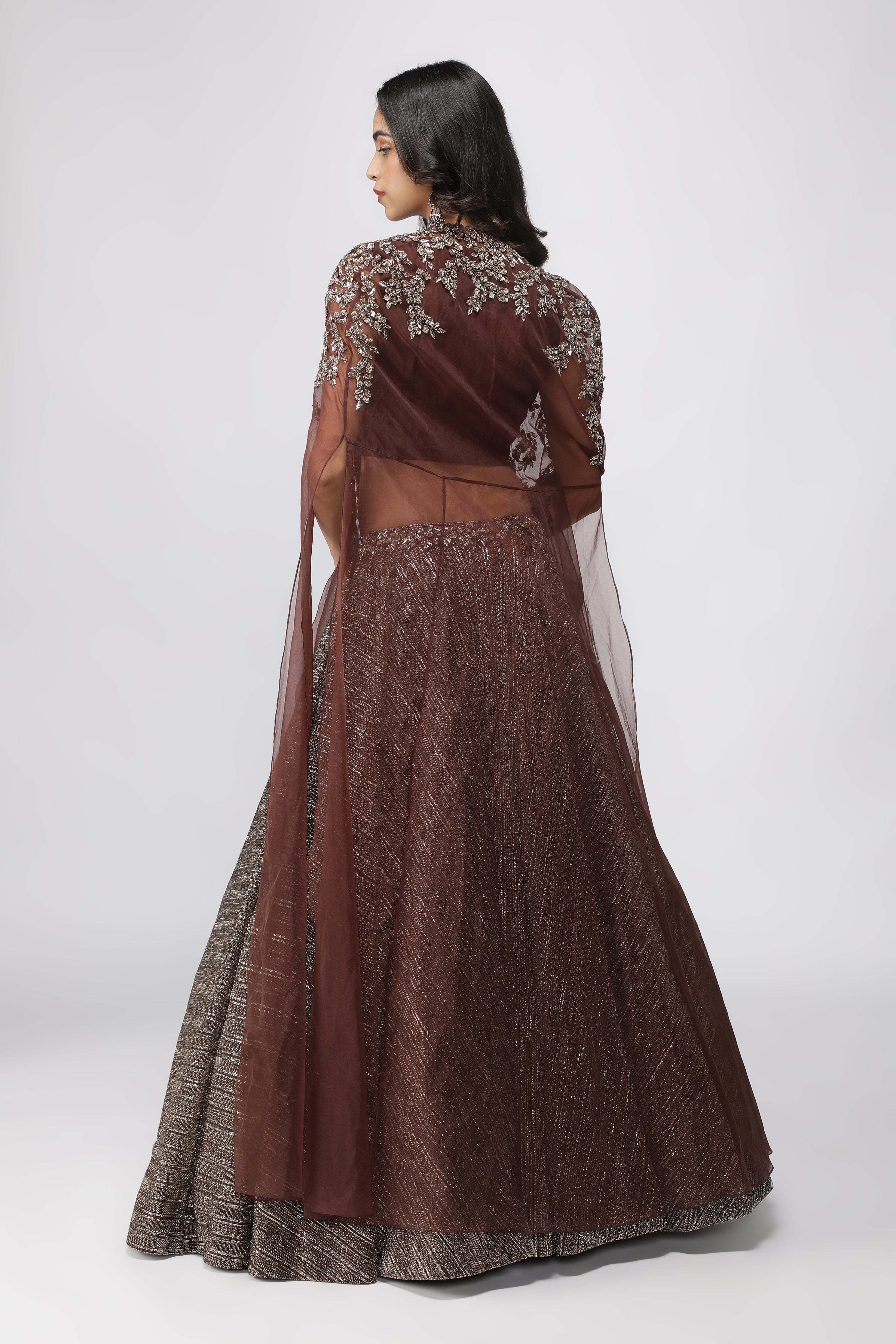 Coffee Brown Jacket Lehenga with Metallic Pearl Embroidery