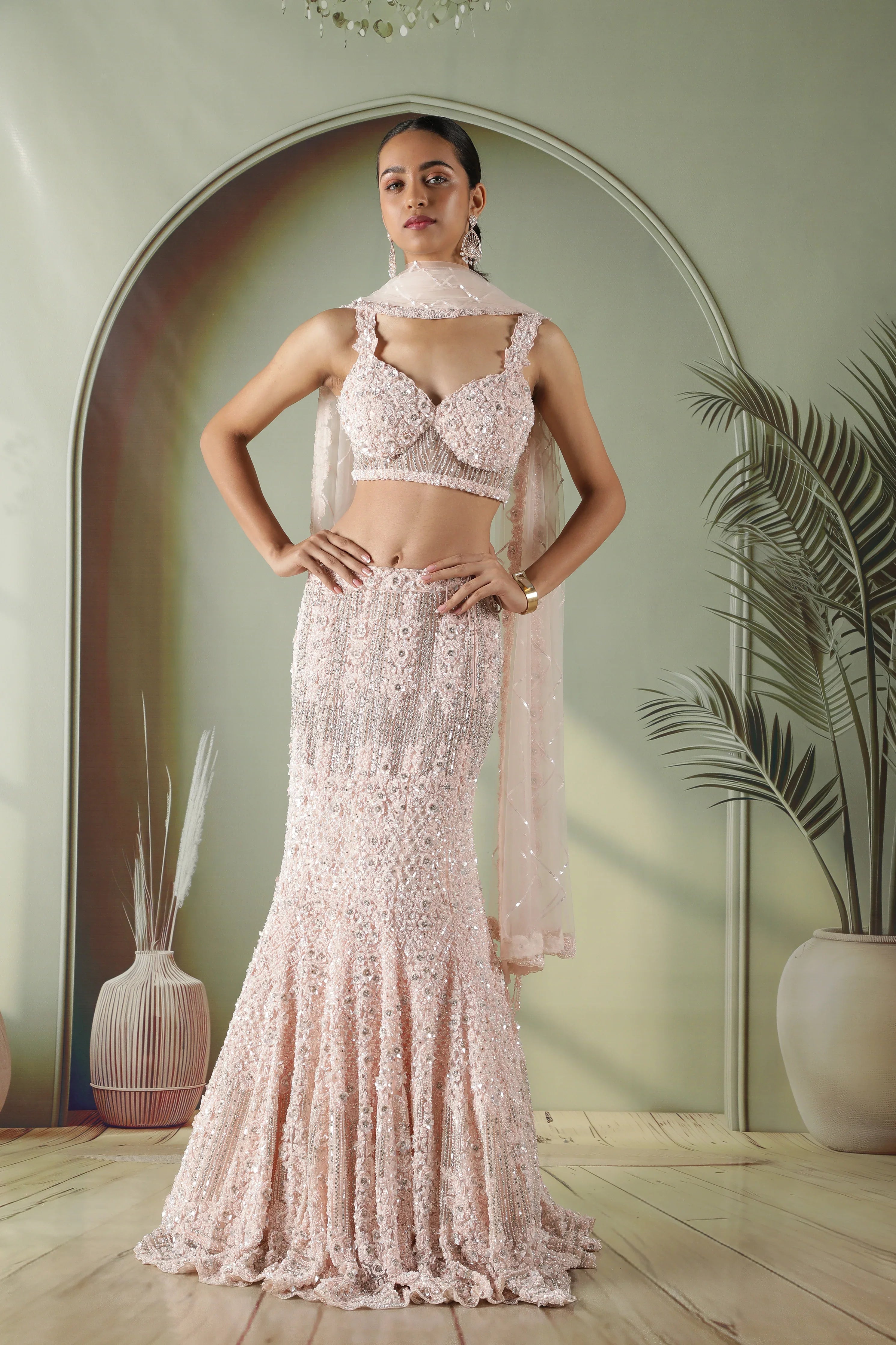 Blush Pink Sequin & Pearl Embellished Mermaid Lehenga Set | Mokshaa