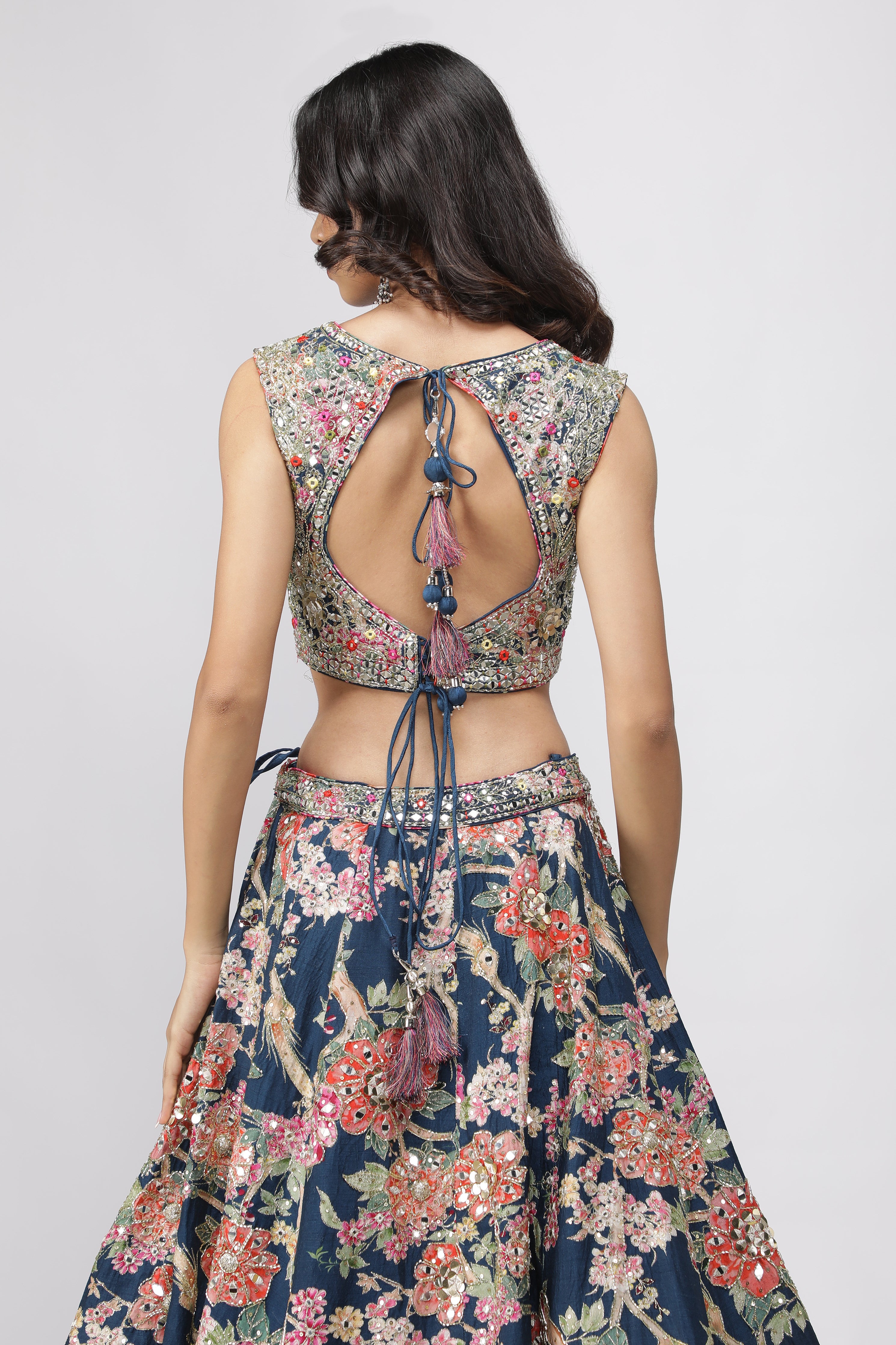 Navy Blue Silk Printed Lehenga Set