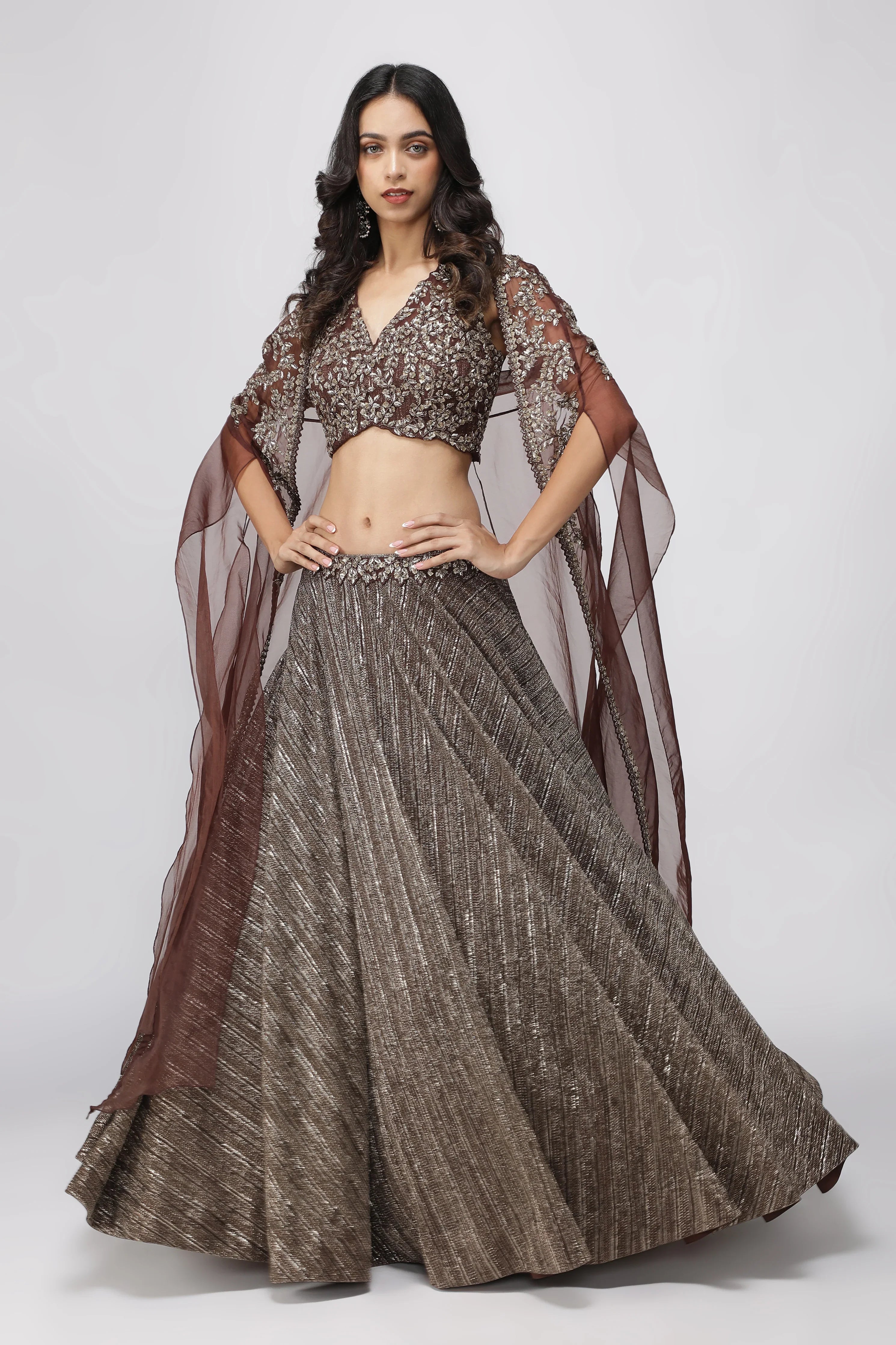 Coffee Brown Jacket Lehenga with Metallic Pearl Embroidery | Mokshaa