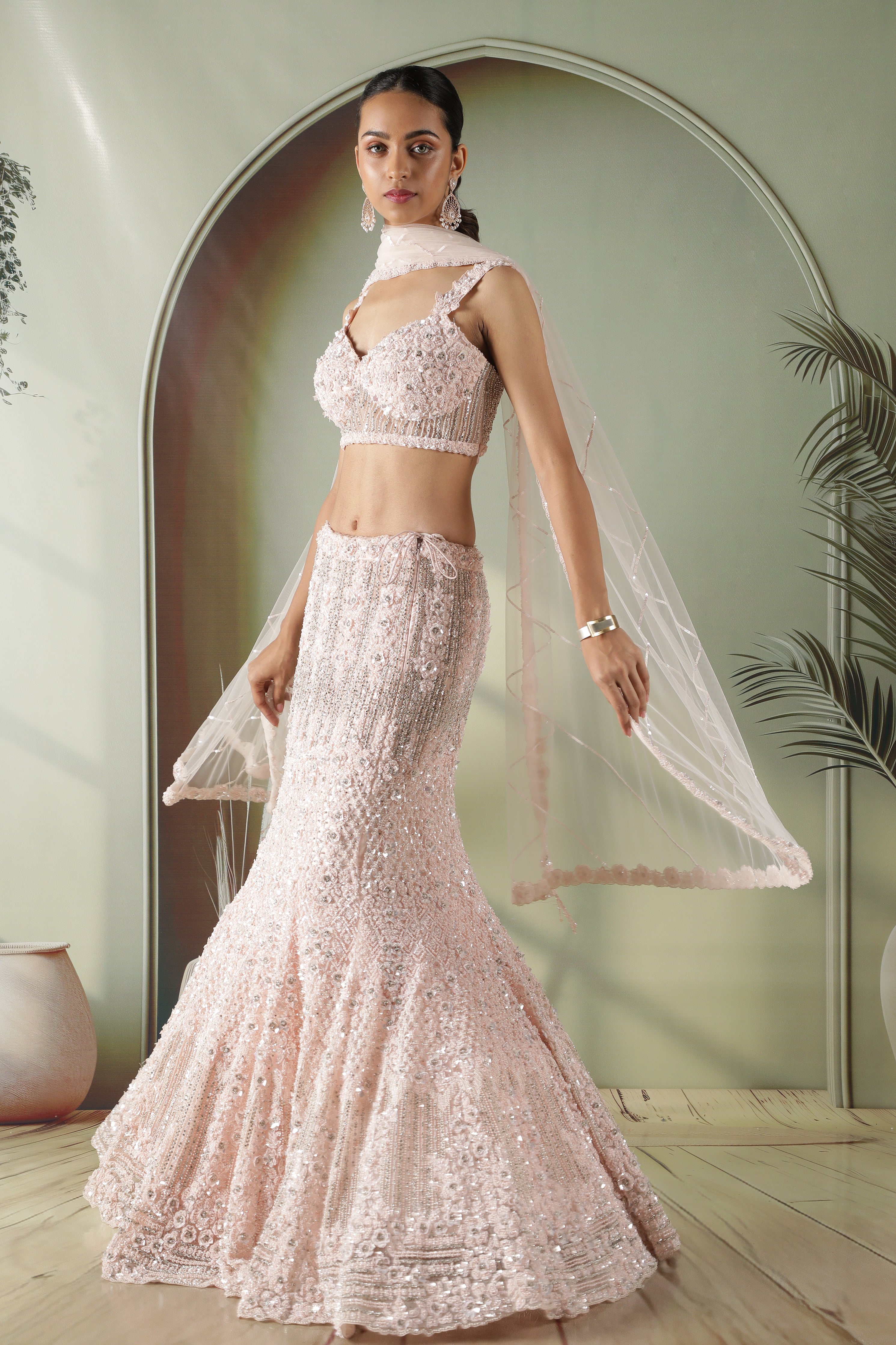 Blush Pink Sequin & Pearl Embellished Mermaid Lehenga Set
