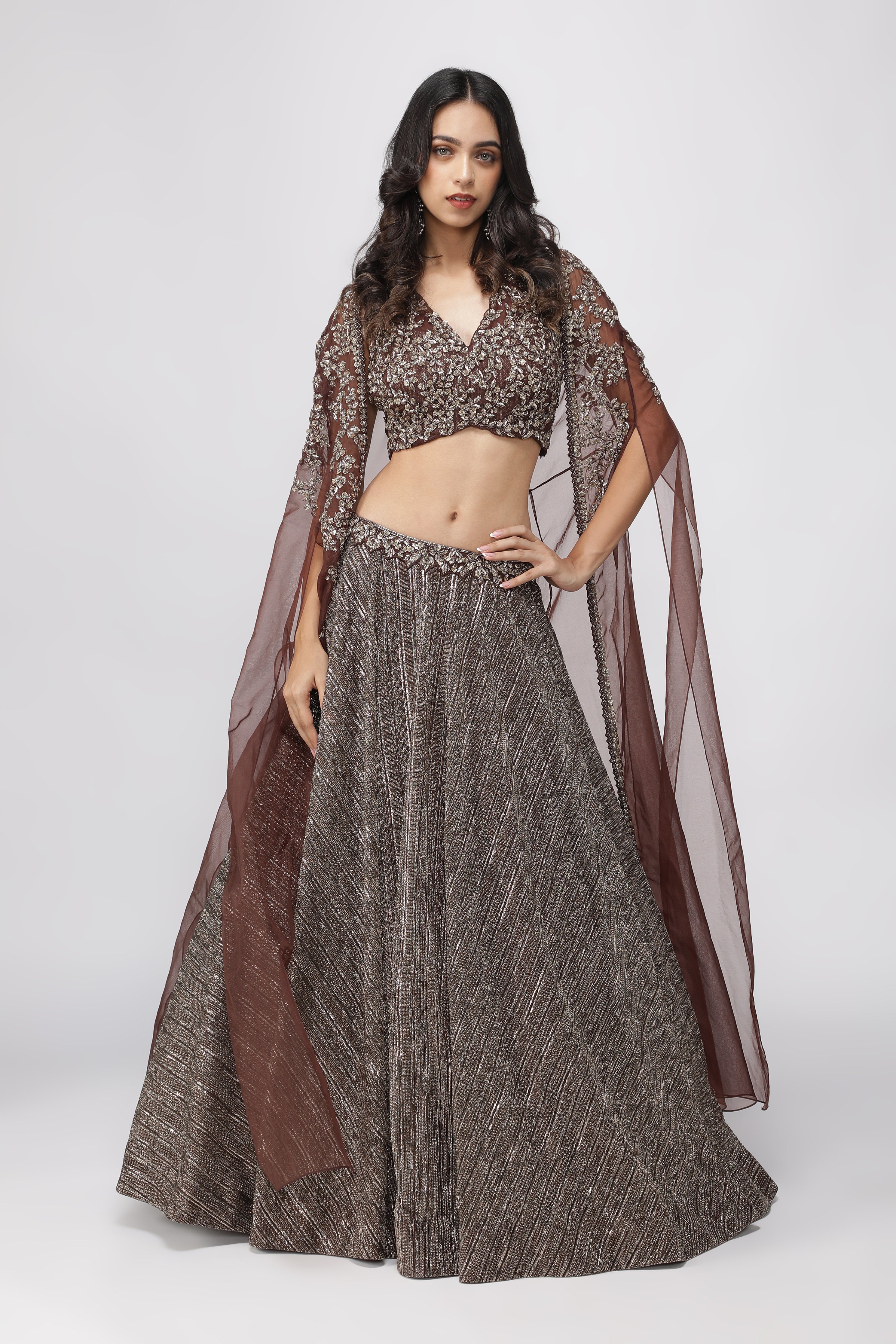 Coffee Brown Jacket Lehenga with Metallic Pearl Embroidery