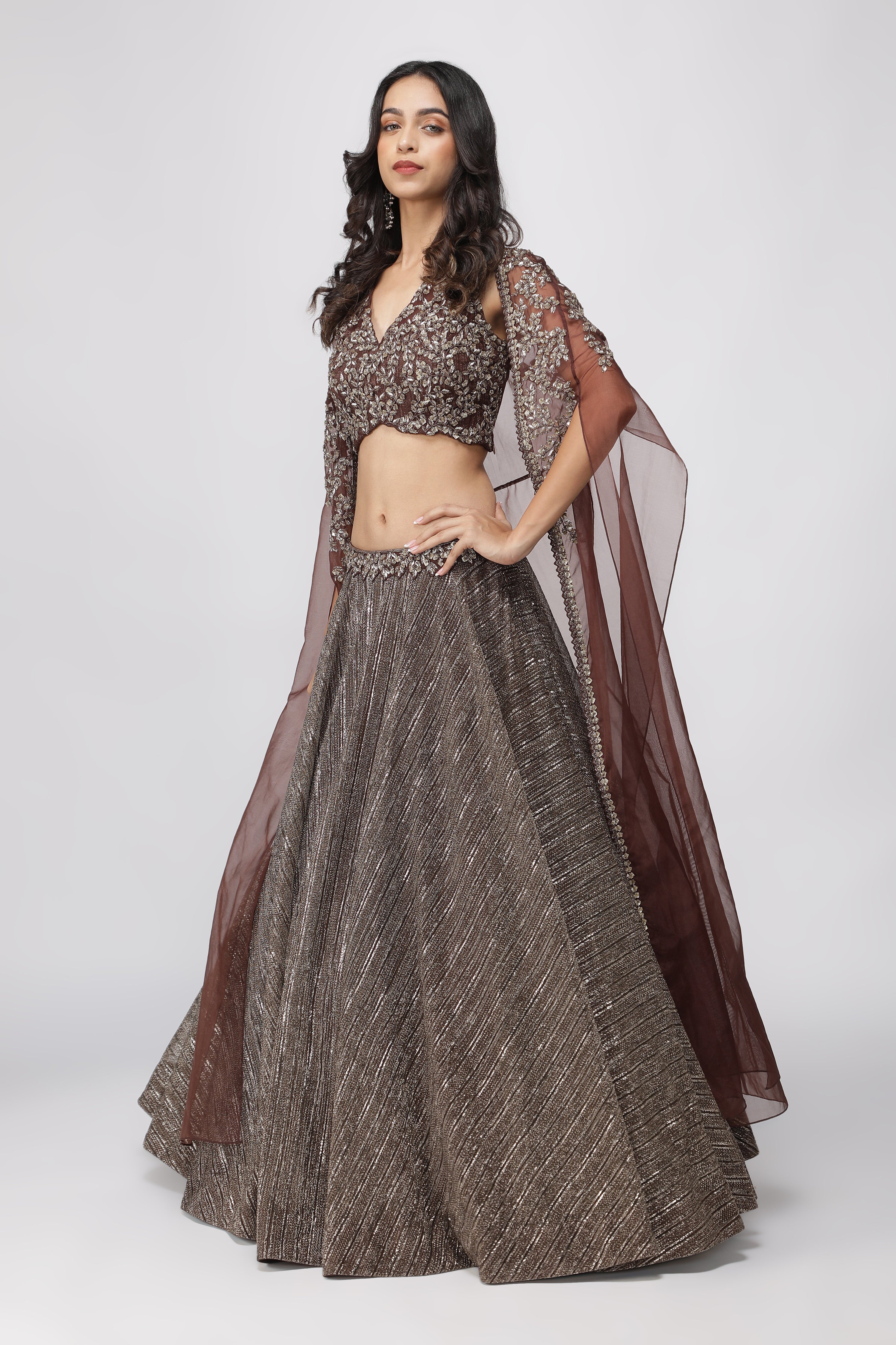 Coffee Brown Jacket Lehenga with Metallic Pearl Embroidery