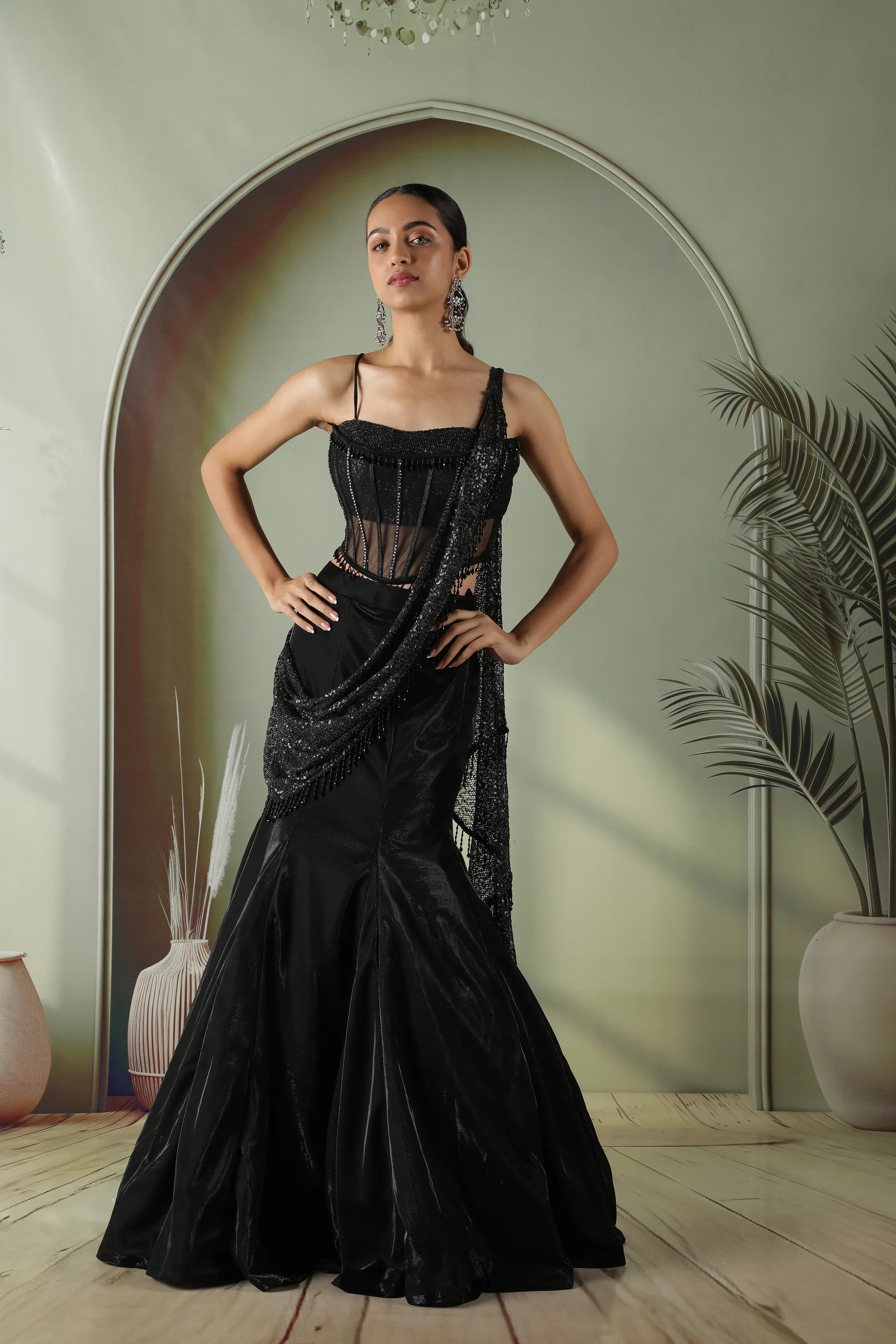 Black Net Corset Blouse with Fish Cut Lehenga | Mokshaa