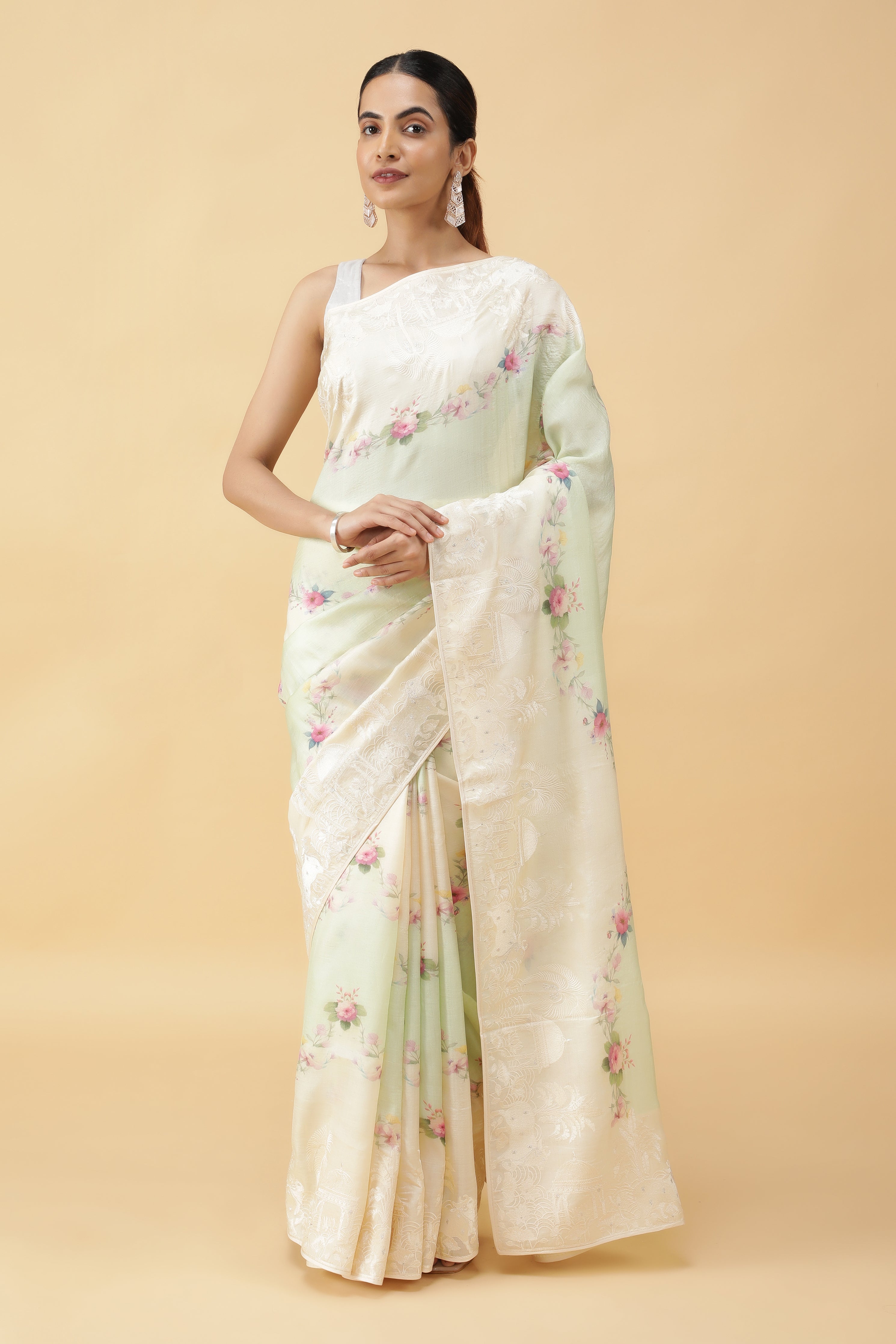 Light Green Tussar Silk Saree with Floral Print