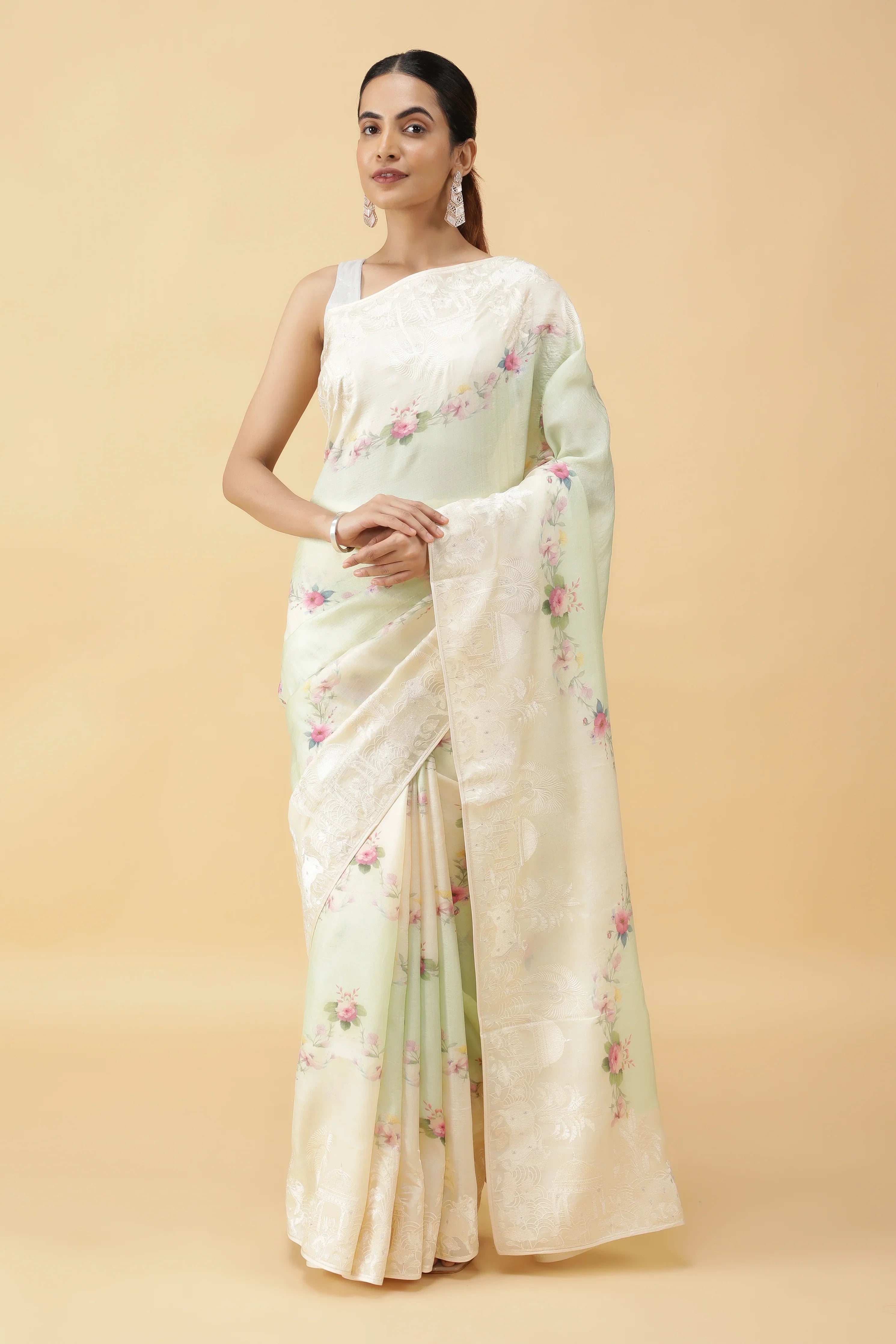 Light Green Tussar Silk Saree with Floral Print | Mokshaa