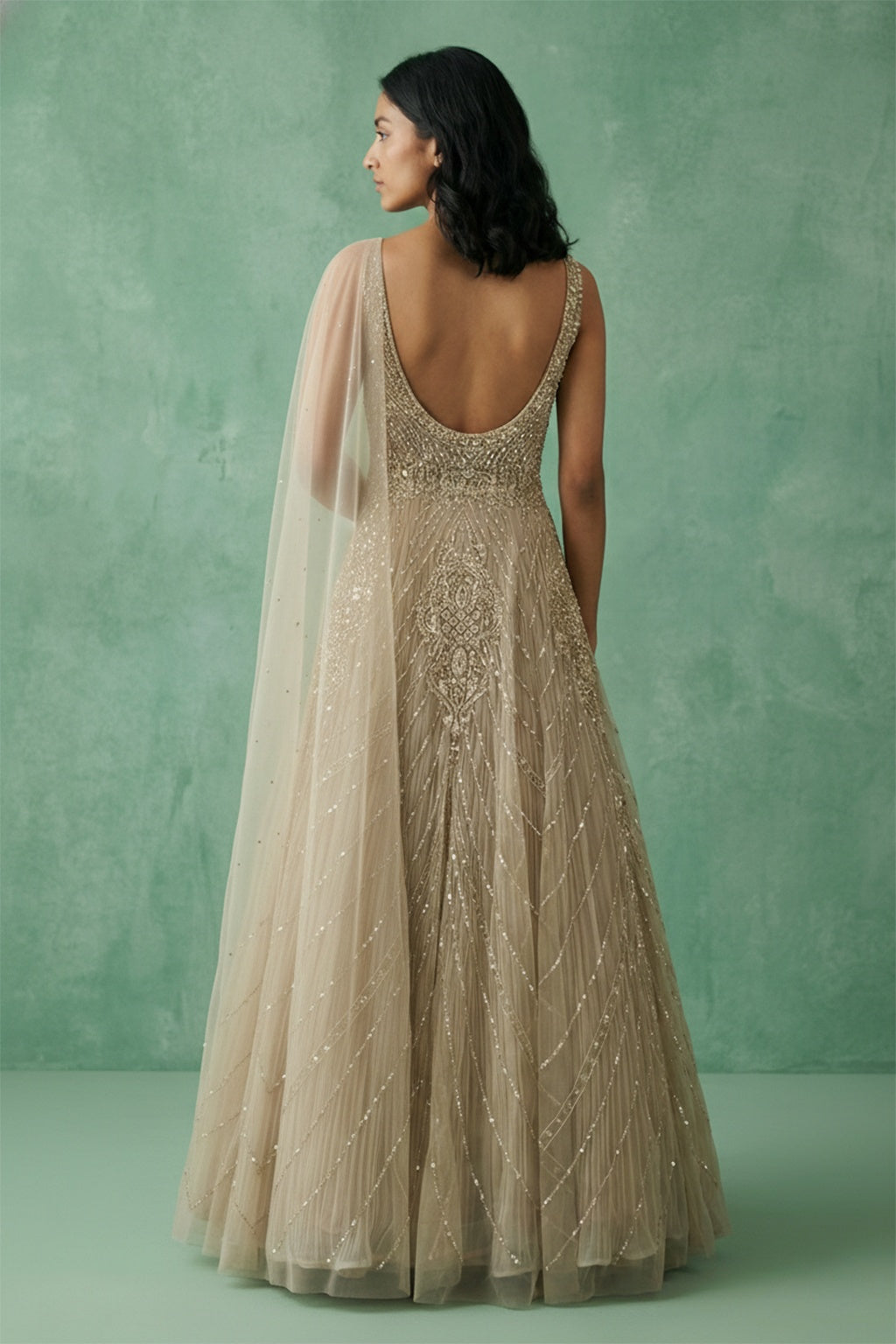 Champagne Beaded Gown with Sheer Drape