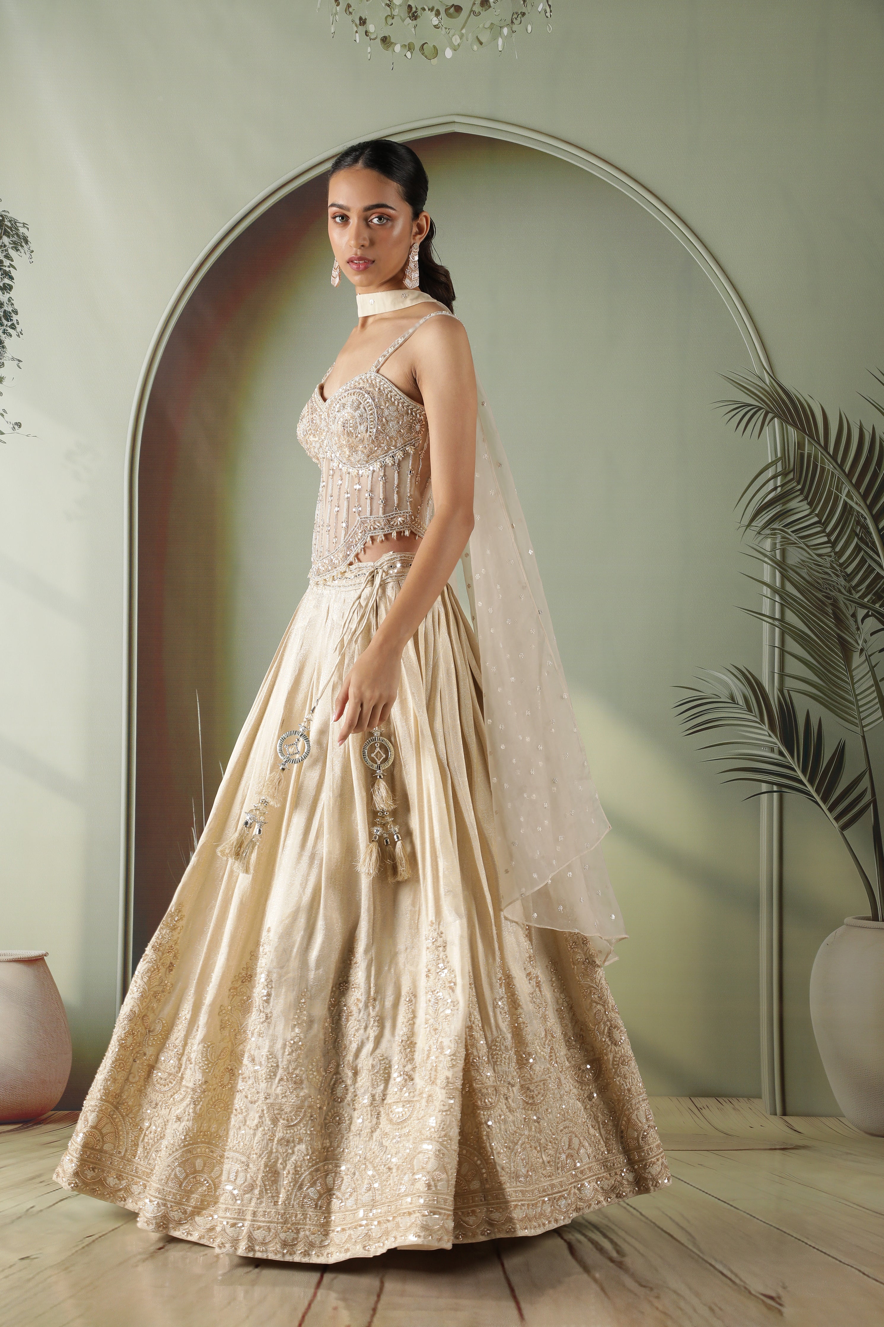 Champagne Gold Silk Lehenga with Corset blouse