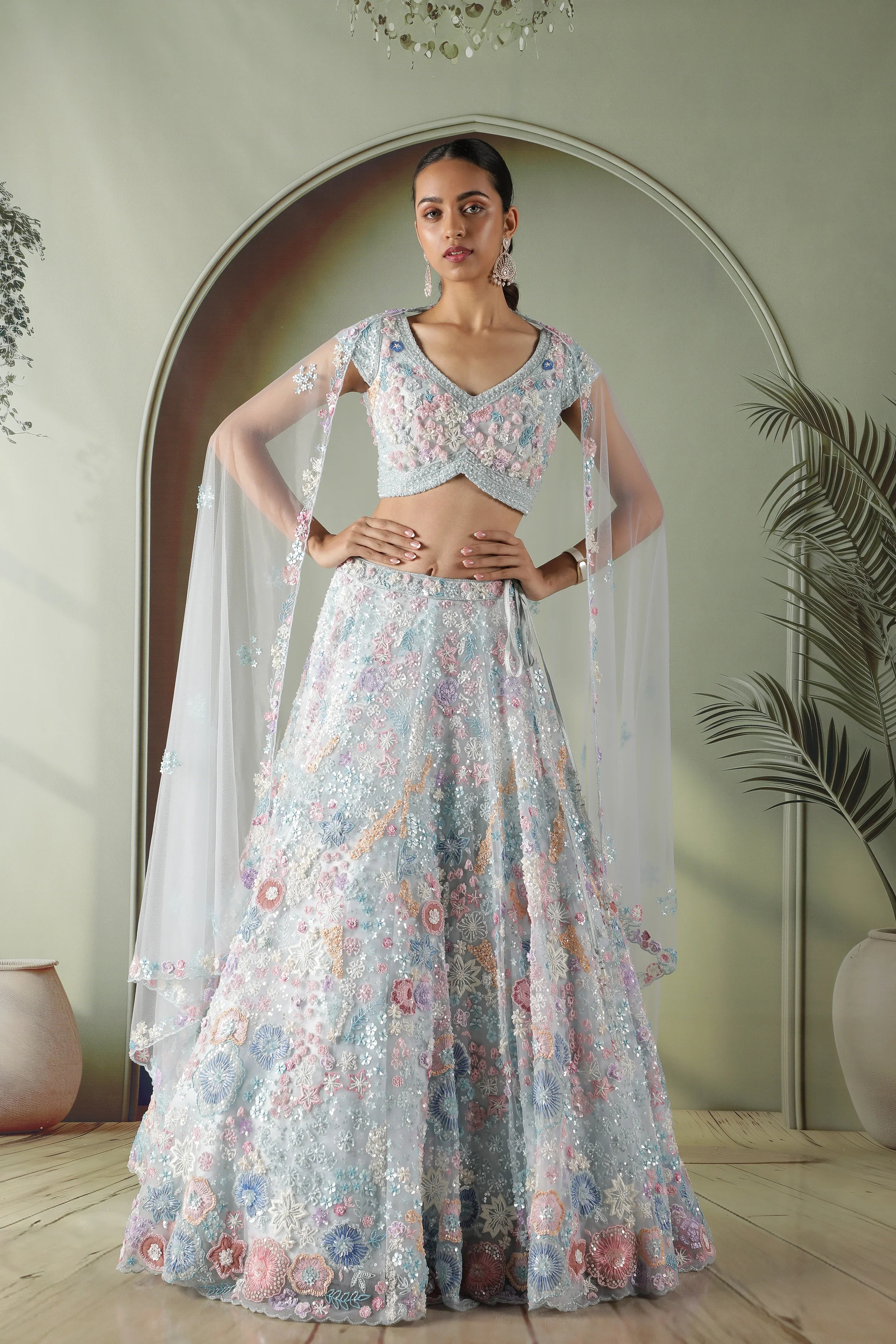 Powder Blue Multicolor Embroidered Net Lehenga Set | Mokshaa
