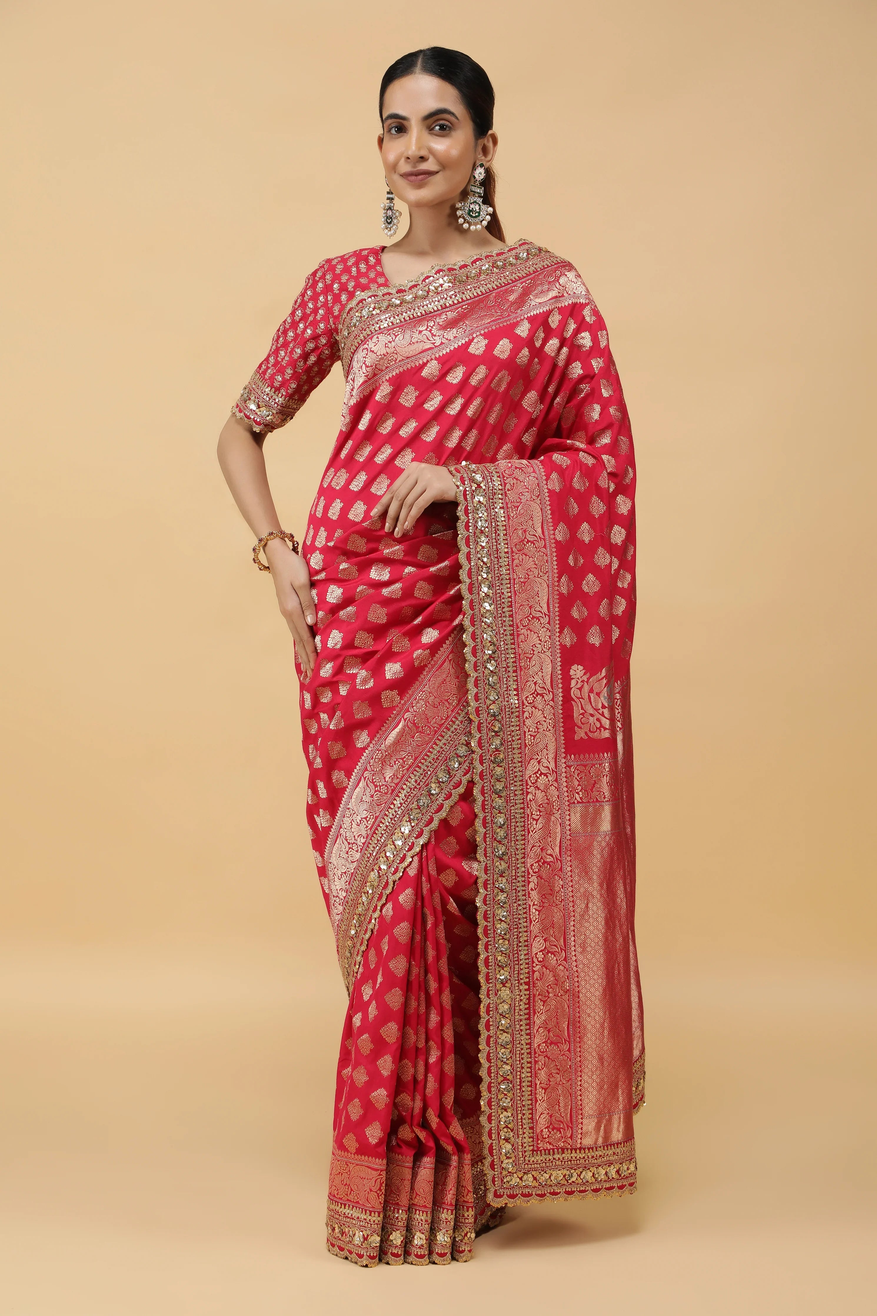 Pinkish Red Banaras Silk Saree with Gold Sequin Zari Border | Mokshaa