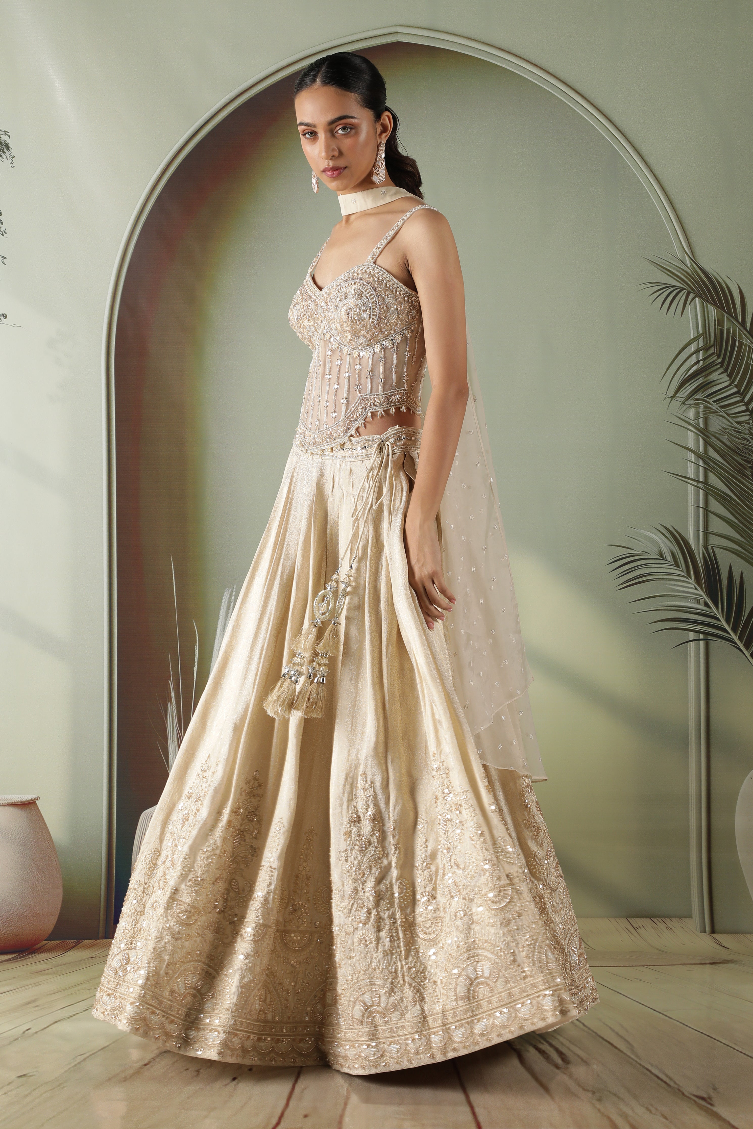 Champagne Gold Silk Lehenga with Corset blouse