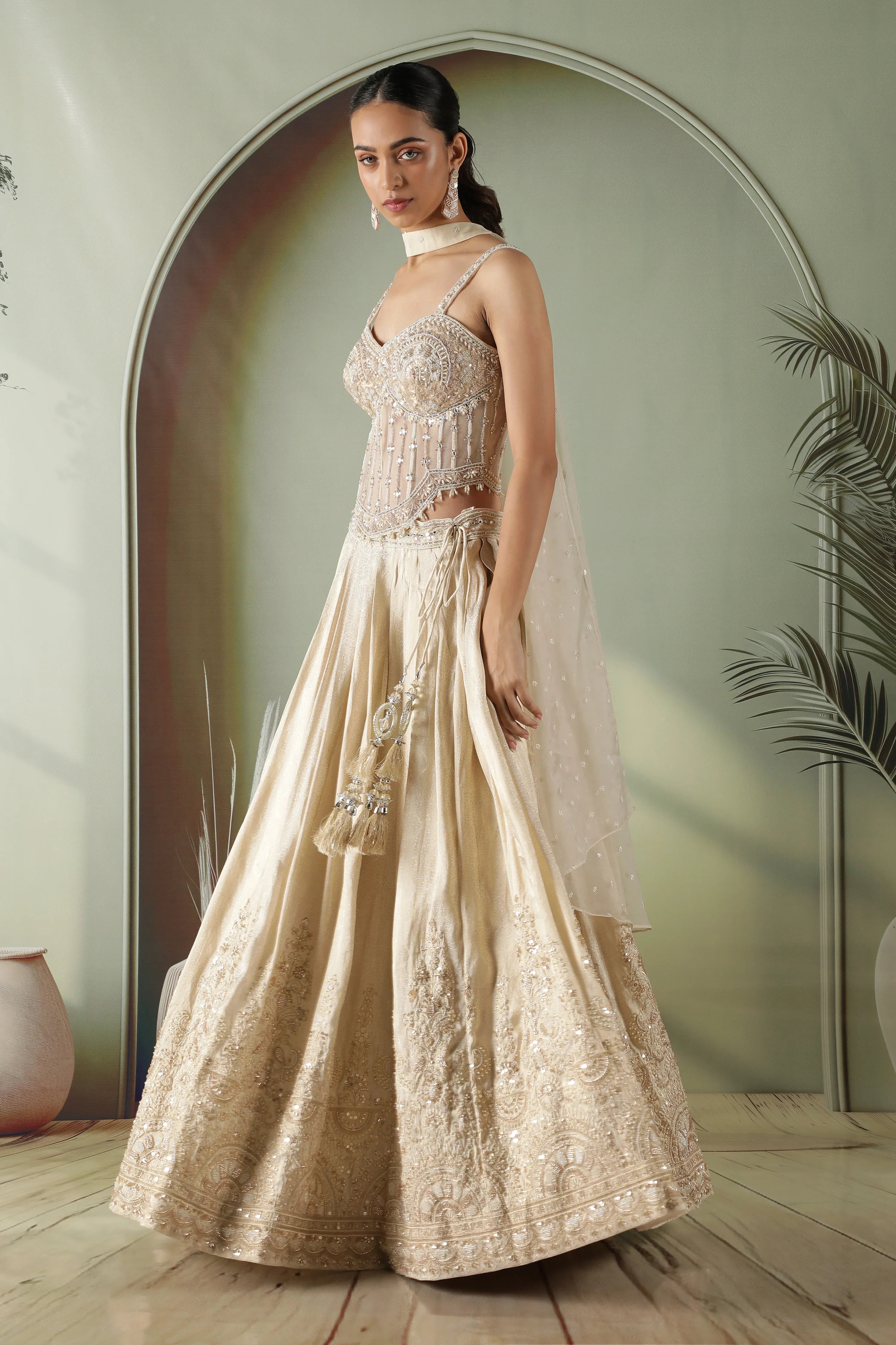 Champagne Gold Silk Lehenga with Corset blouse | Mokshaa