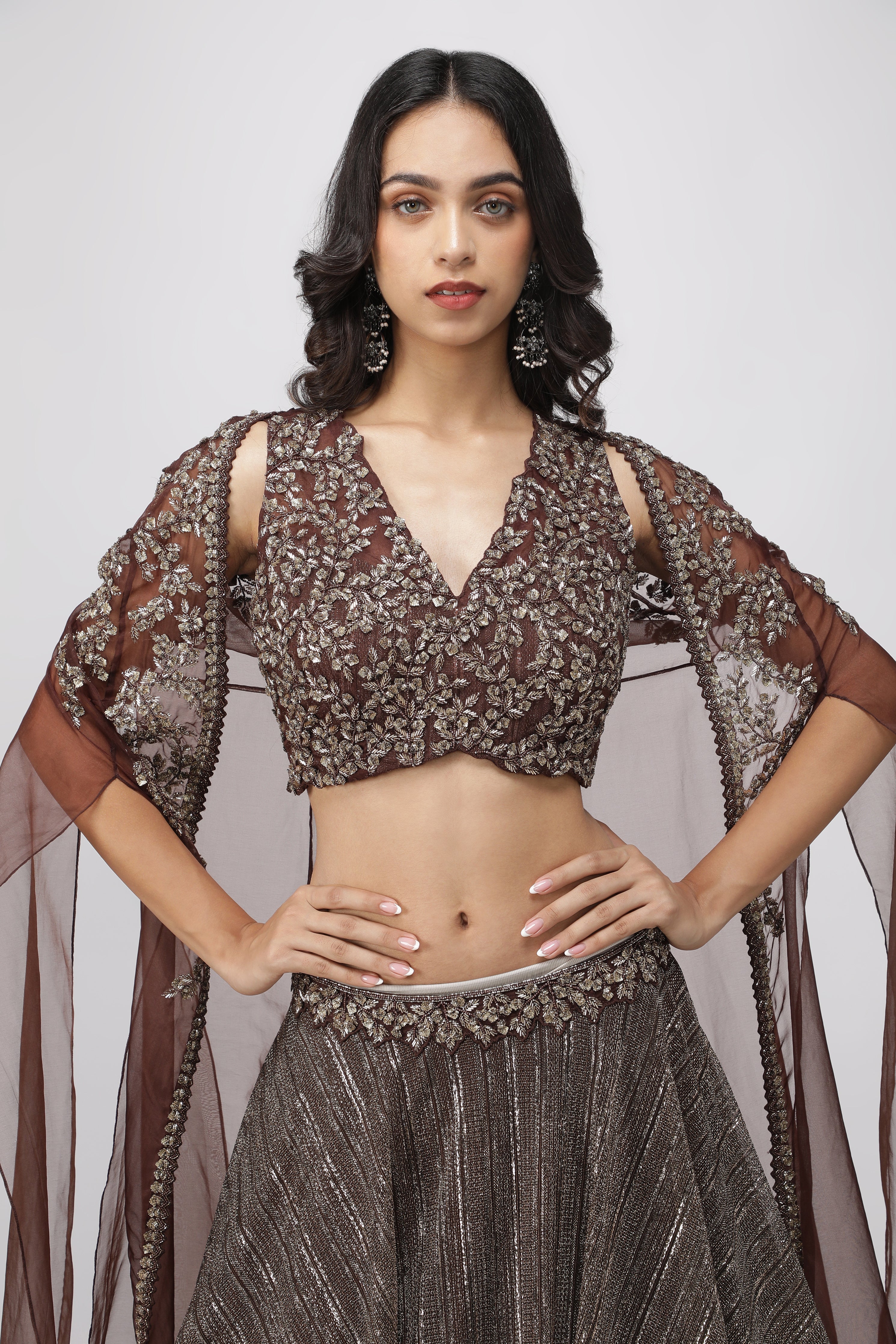 Coffee Brown Jacket Lehenga with Metallic Pearl Embroidery