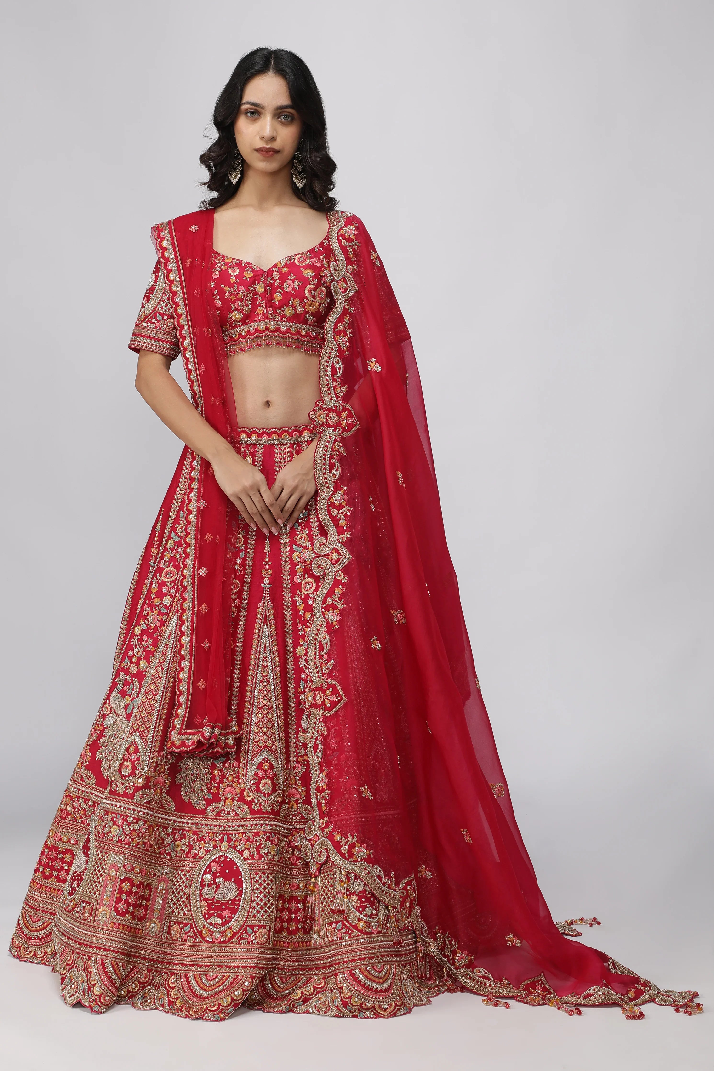 Red Raw Silk Bridal Lehenga Set | Mokshaa