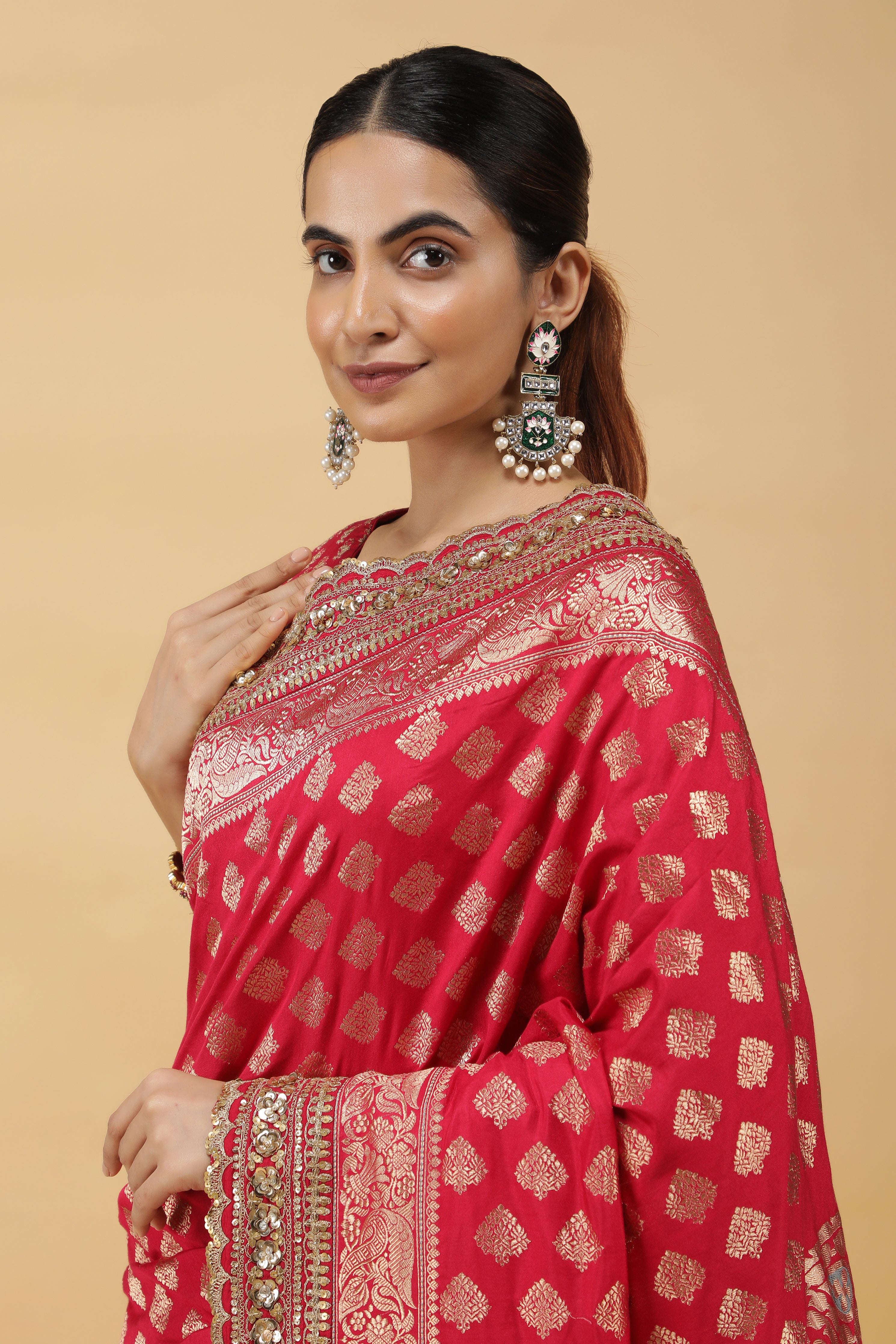 Pinkish Red Banaras Silk Saree with Gold Sequin Zari Border