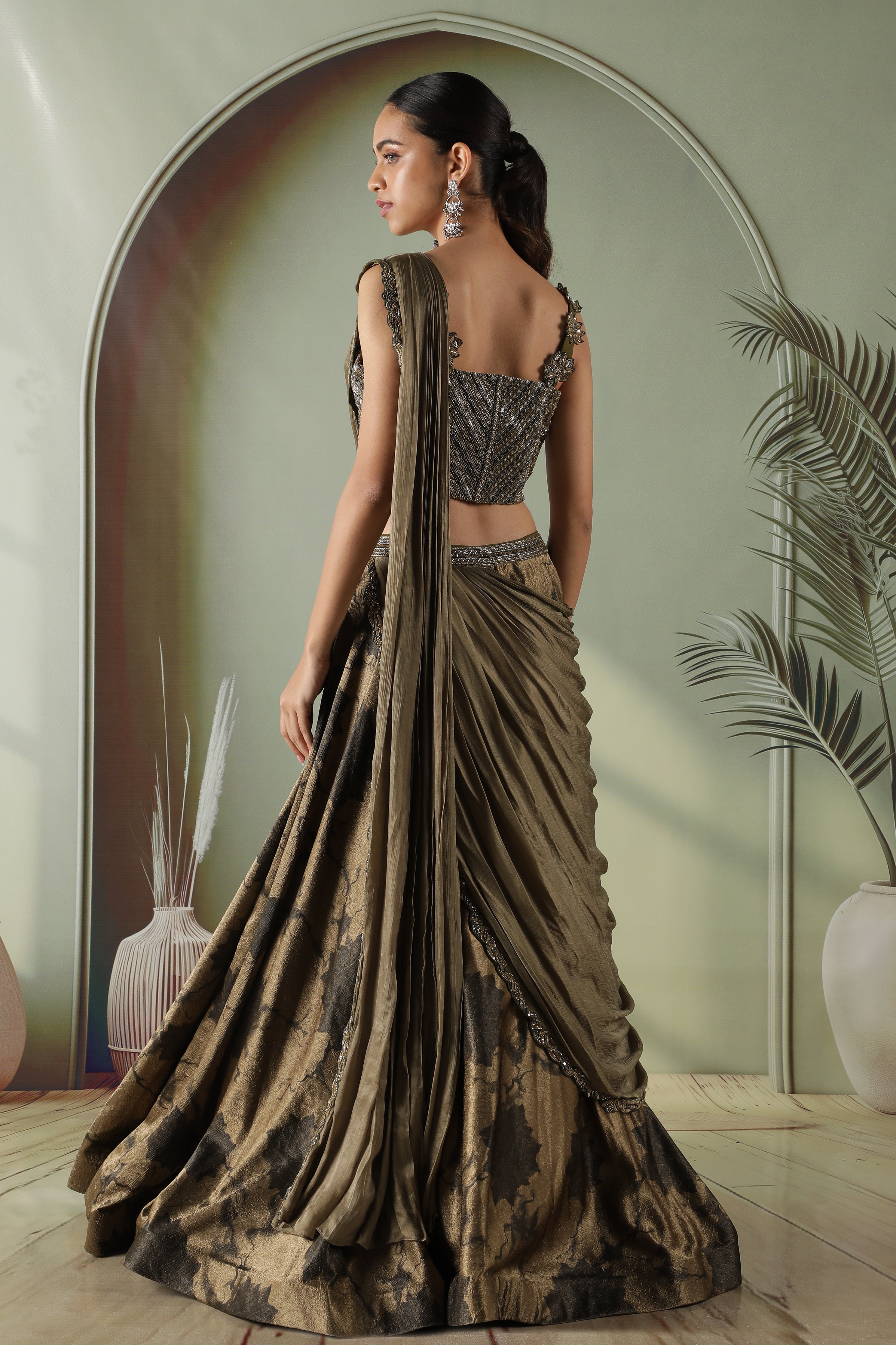 Olive Green Printed Textured Silk Drape Lehenga
