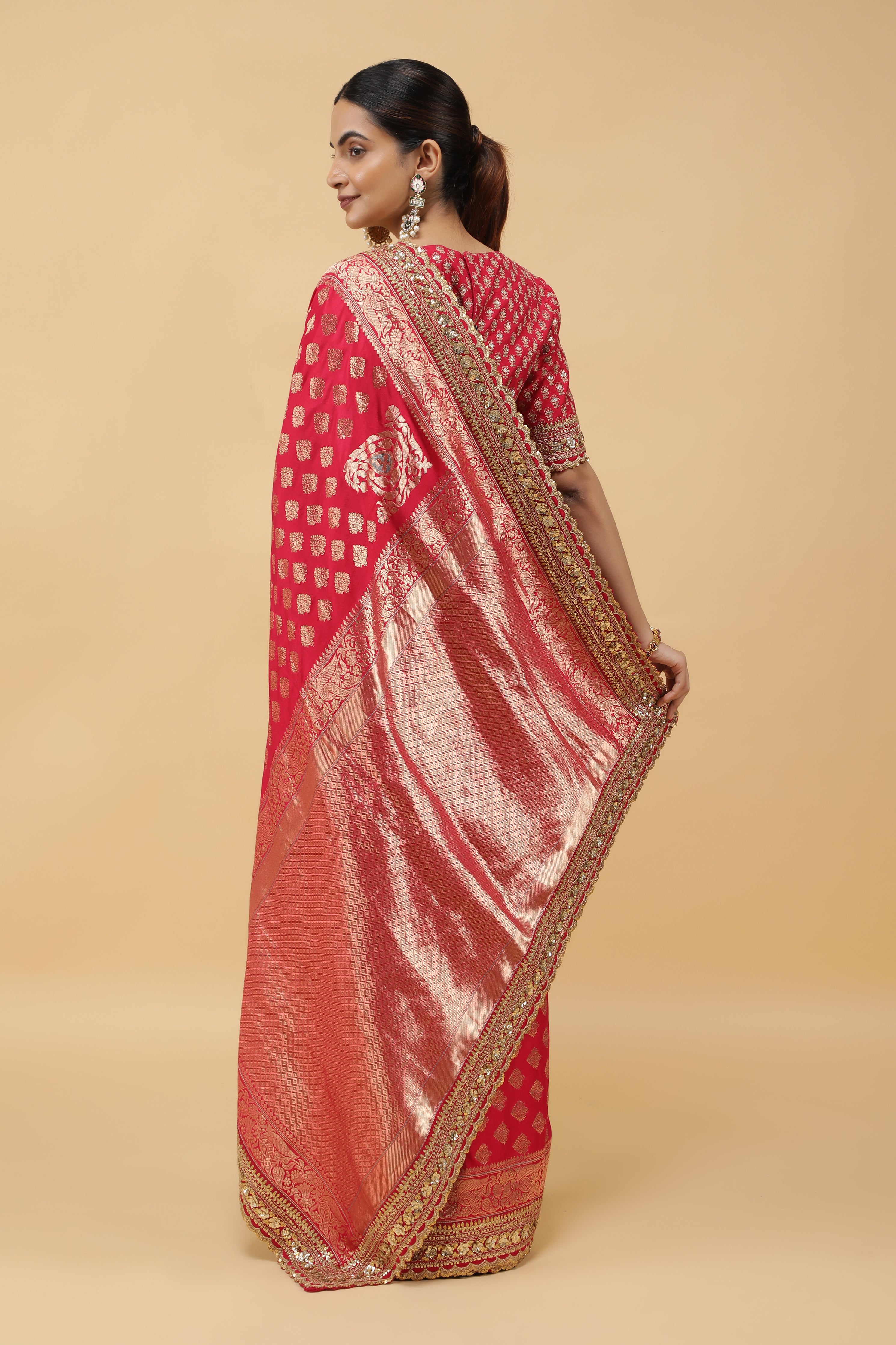 Pinkish Red Banaras Silk Saree with Gold Sequin Zari Border