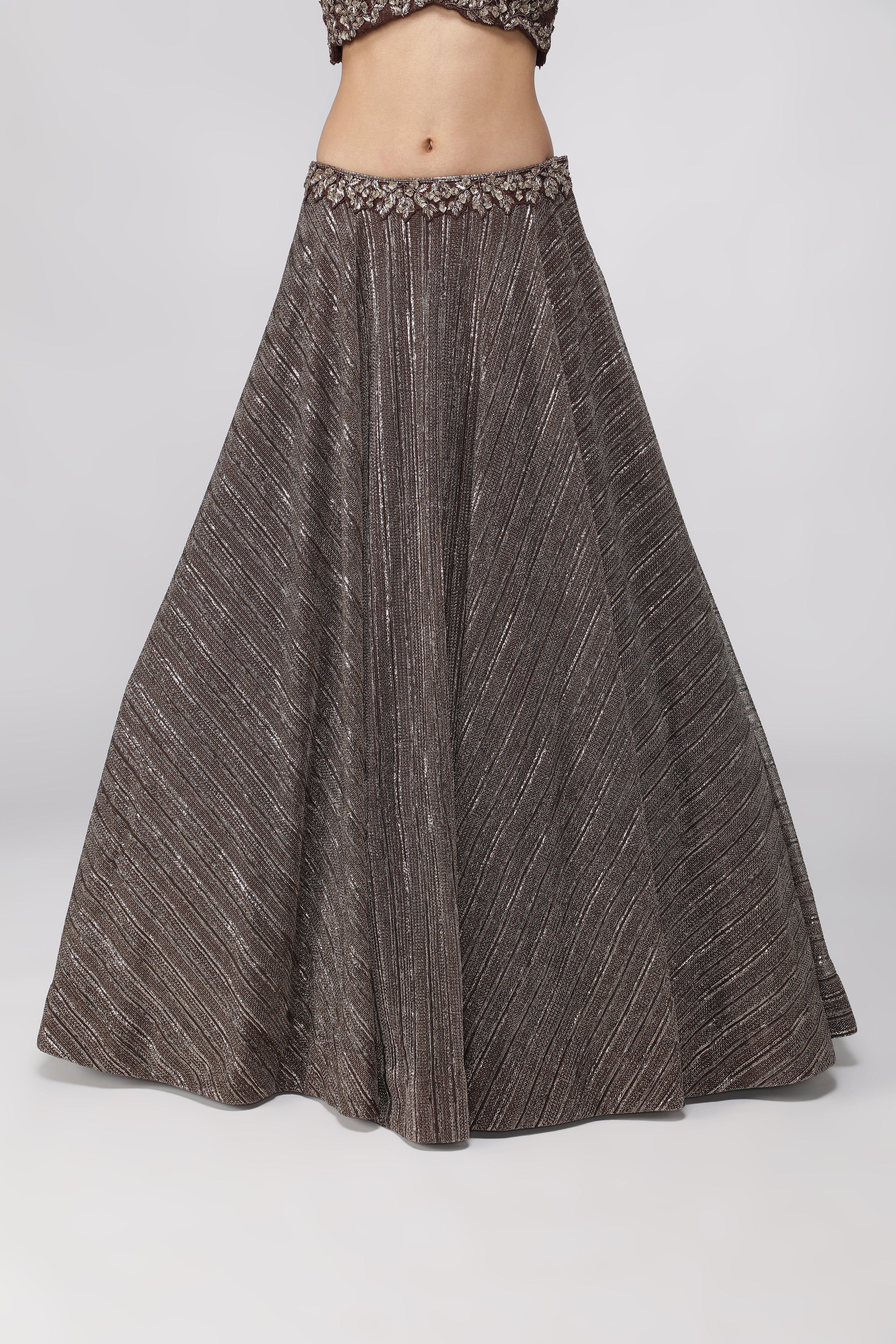 Coffee Brown Jacket Lehenga with Metallic Pearl Embroidery
