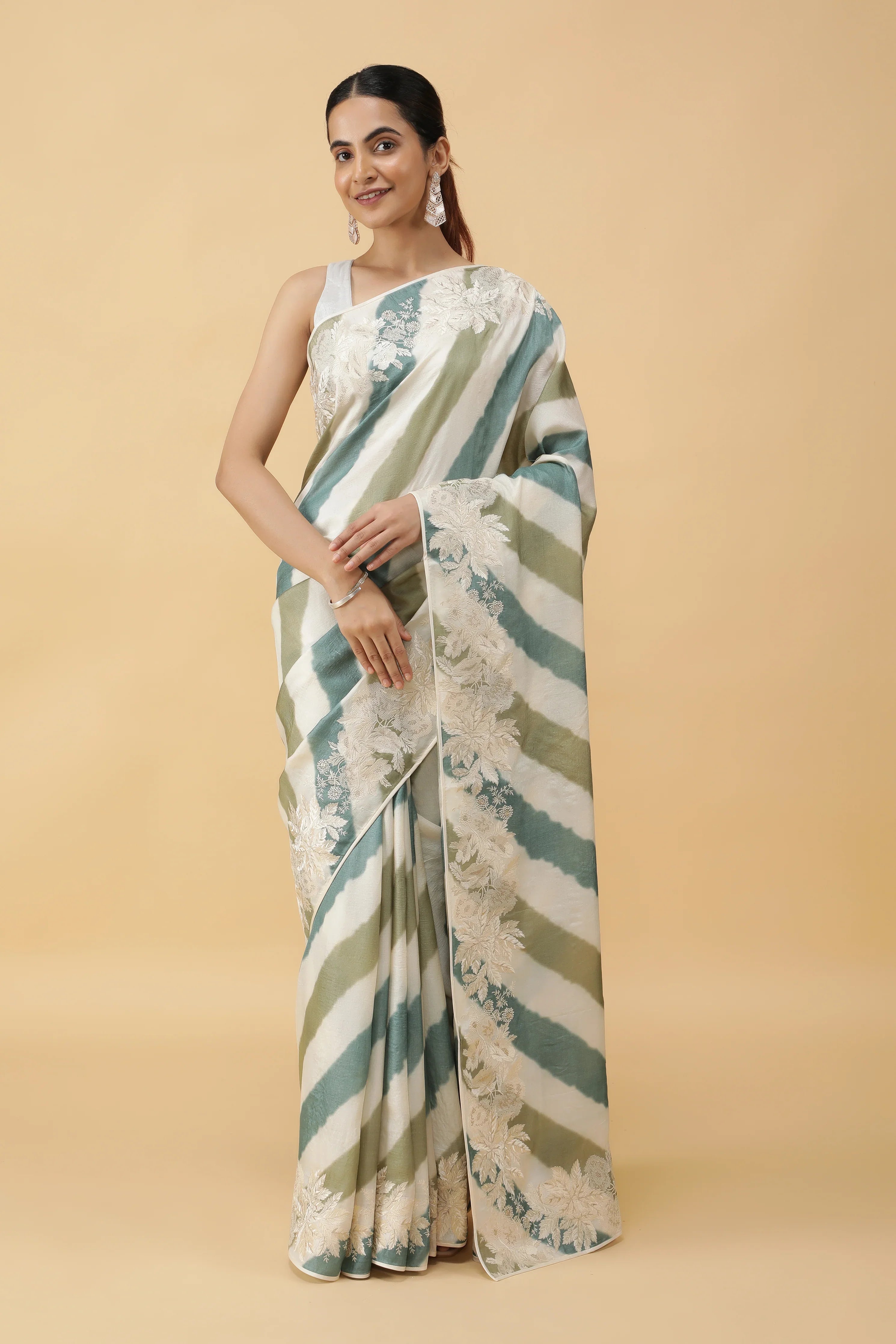 Multi-Color Tussar Silk Saree with Lyria Print & Zari Embroidery Border | Mokshaa