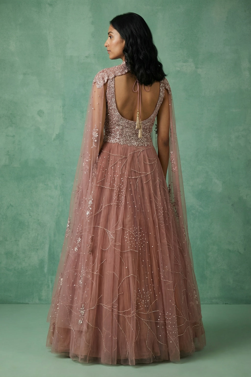Dark Onion Net Embroidered Gown - Mokshaa