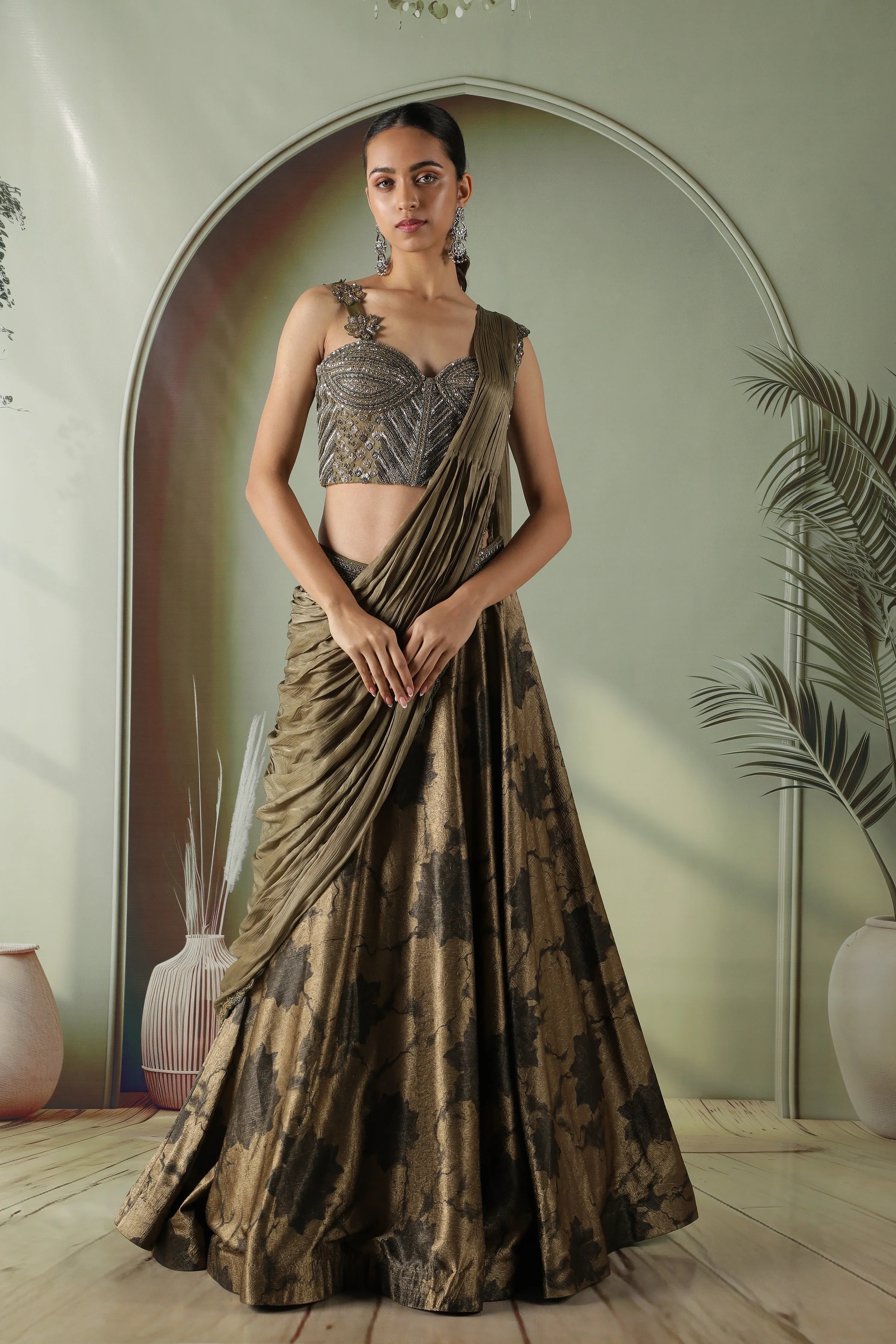Olive Green Printed Textured Silk Drape Lehenga | Mokshaa