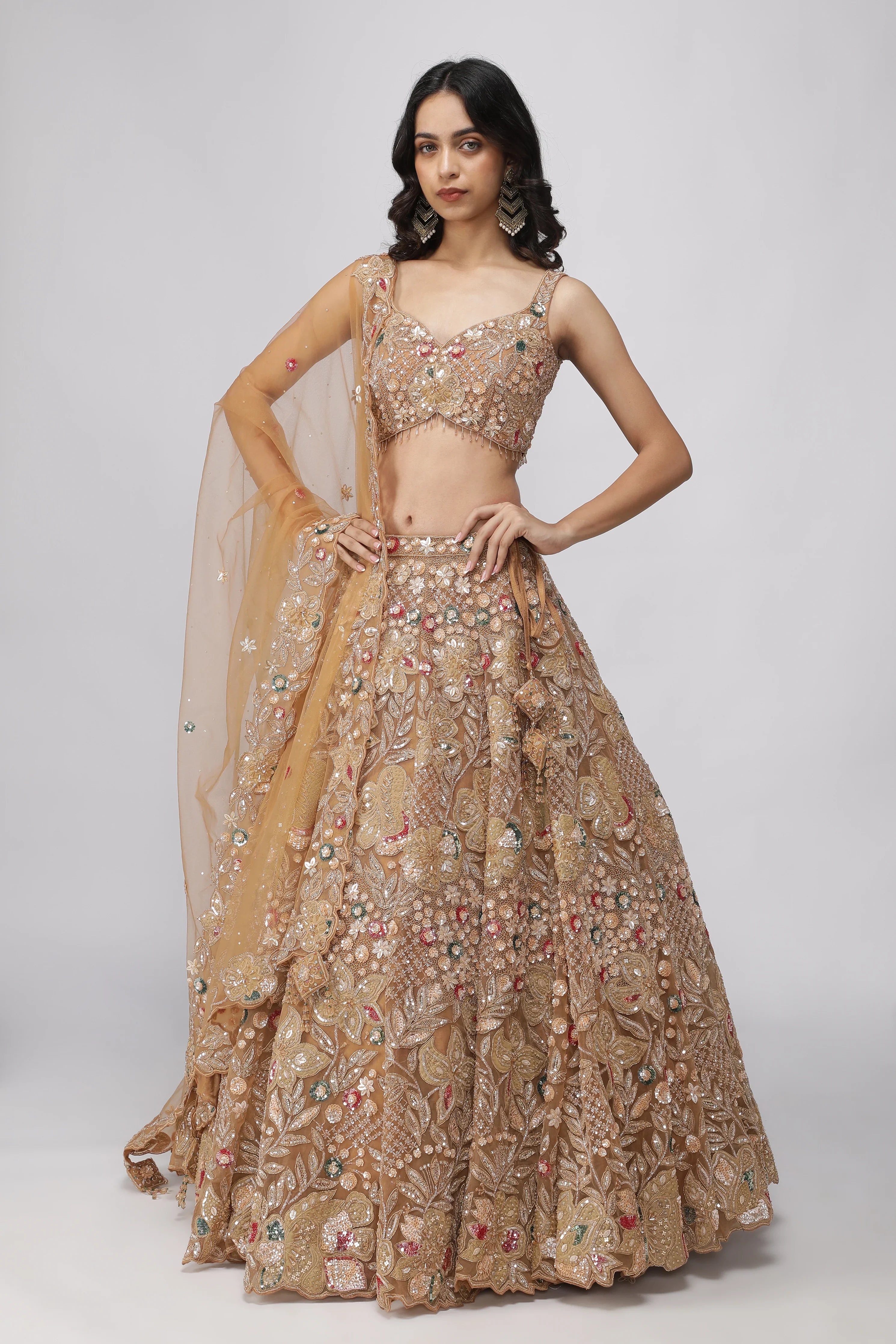 Golden Beige Net Lehenga Set | Mokshaa