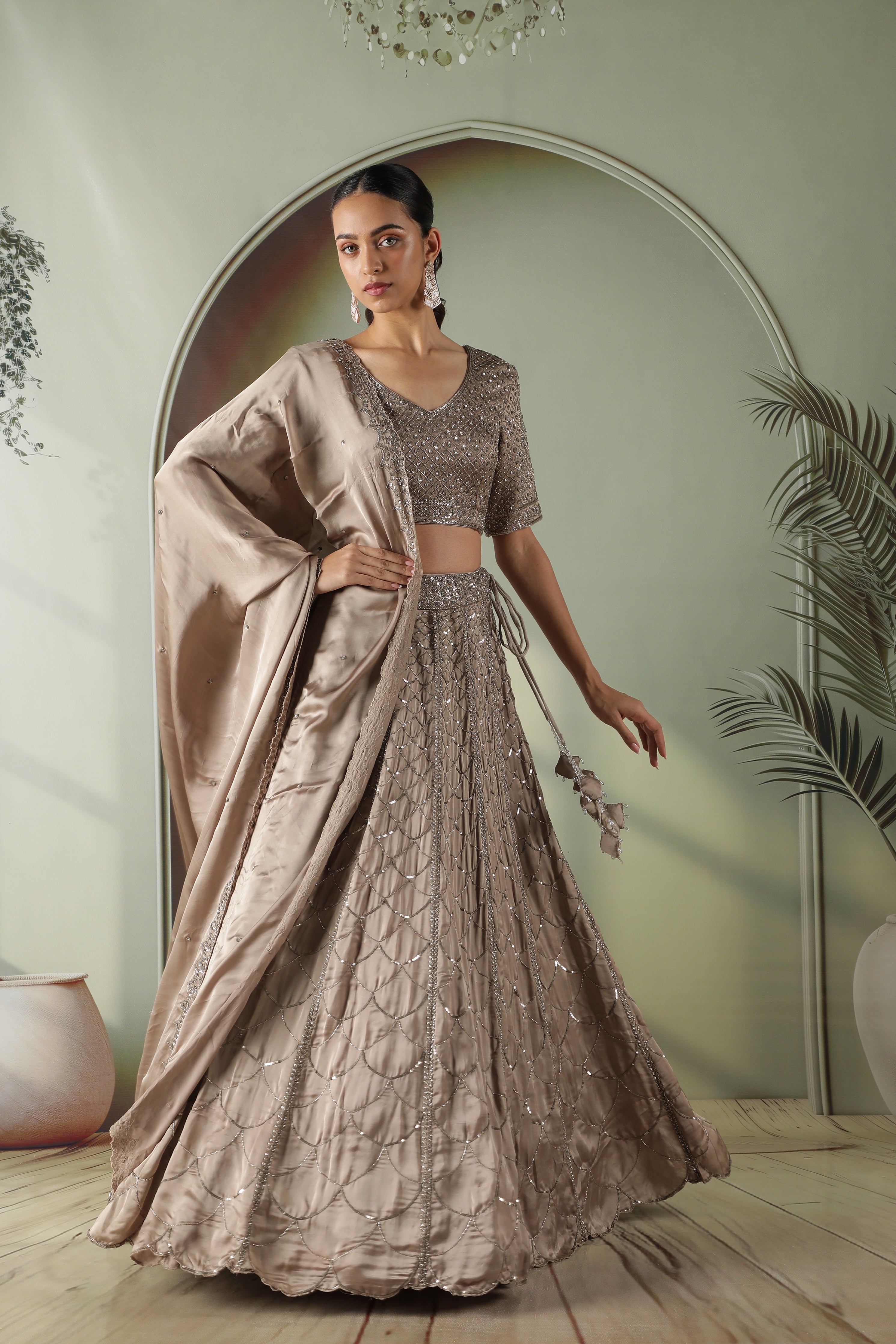 Mocha Satin Silk Lehenga Set