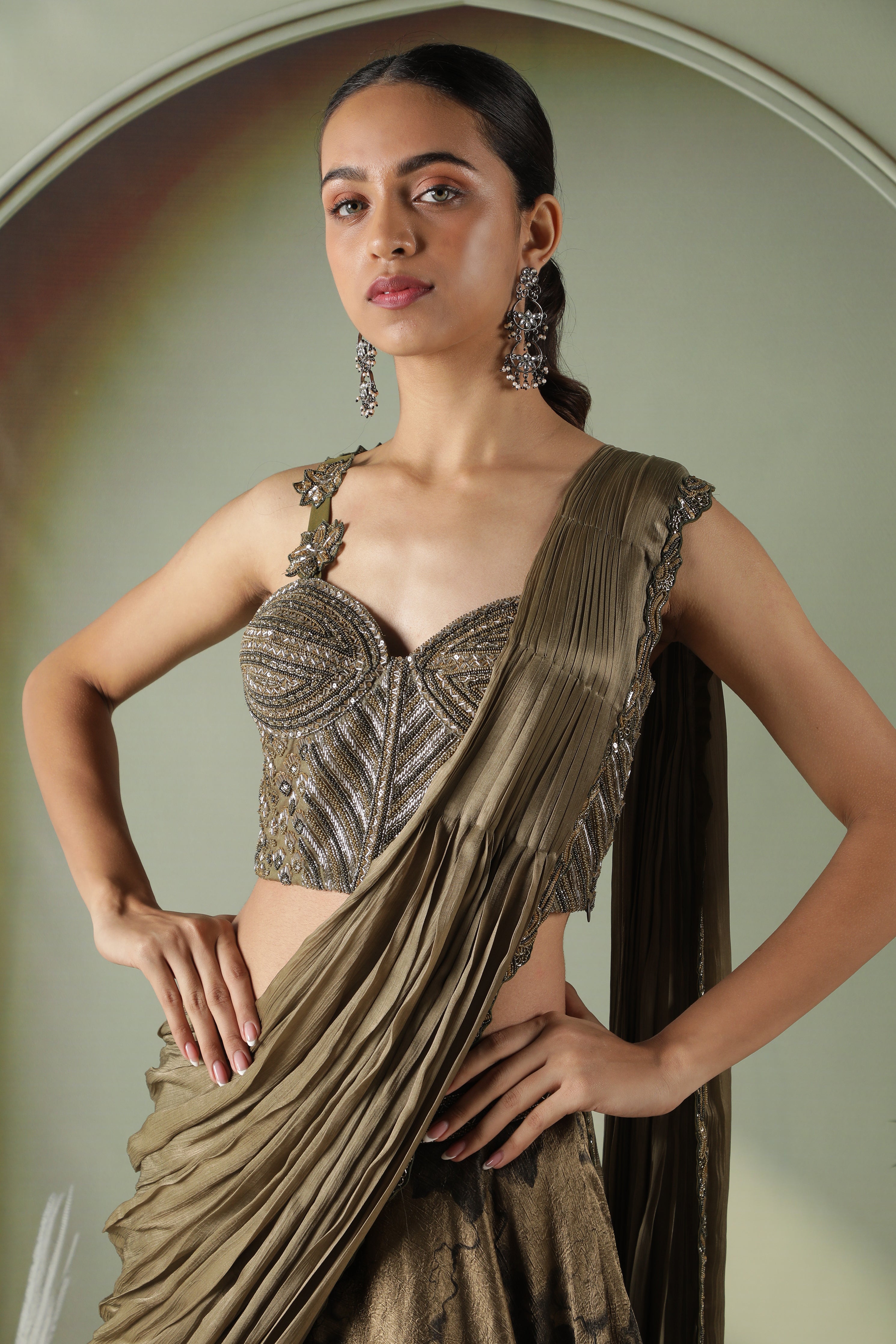 Olive Green Printed Textured Silk Drape Lehenga