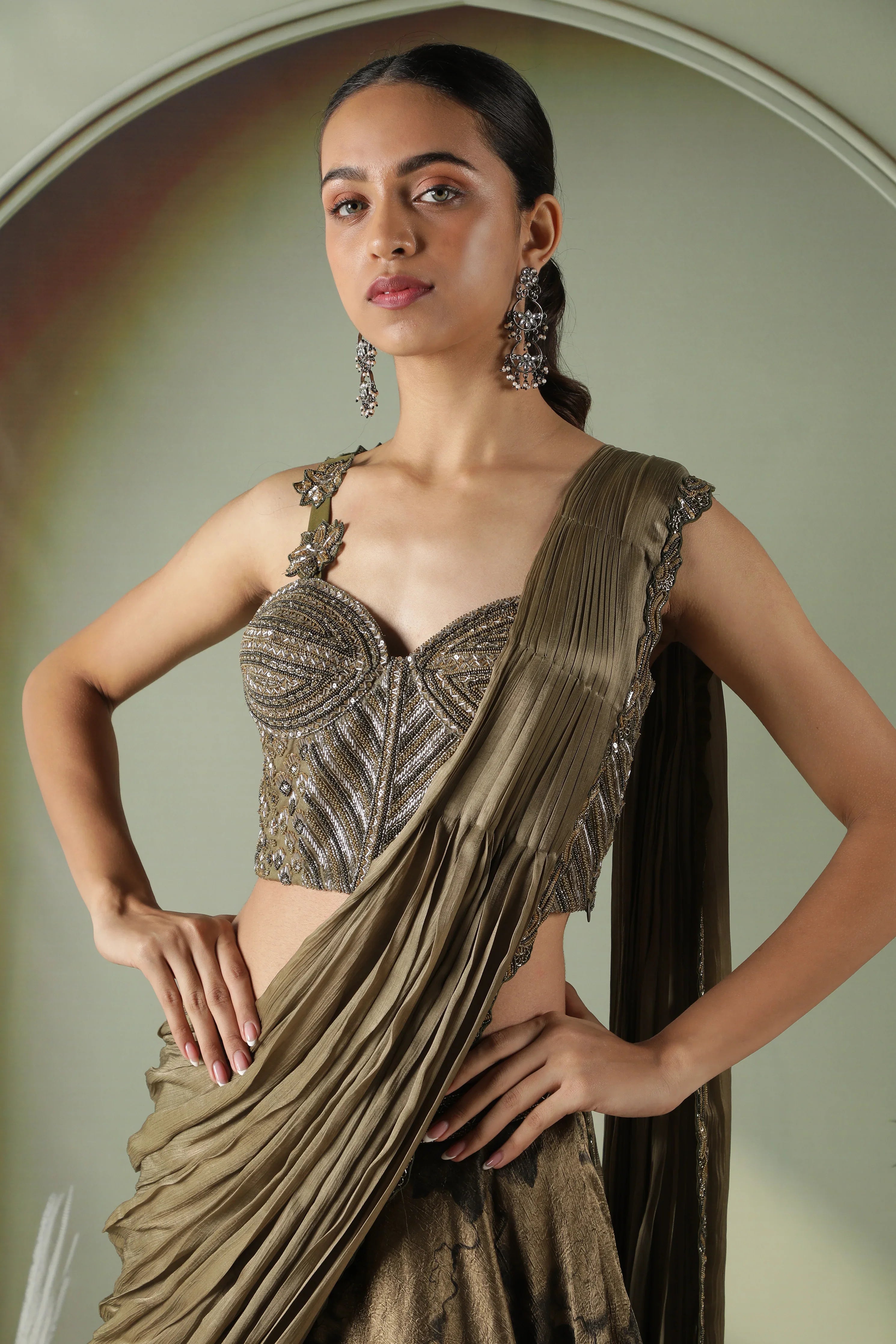 Olive Green Printed Textured Silk Drape Lehenga - Mokshaa