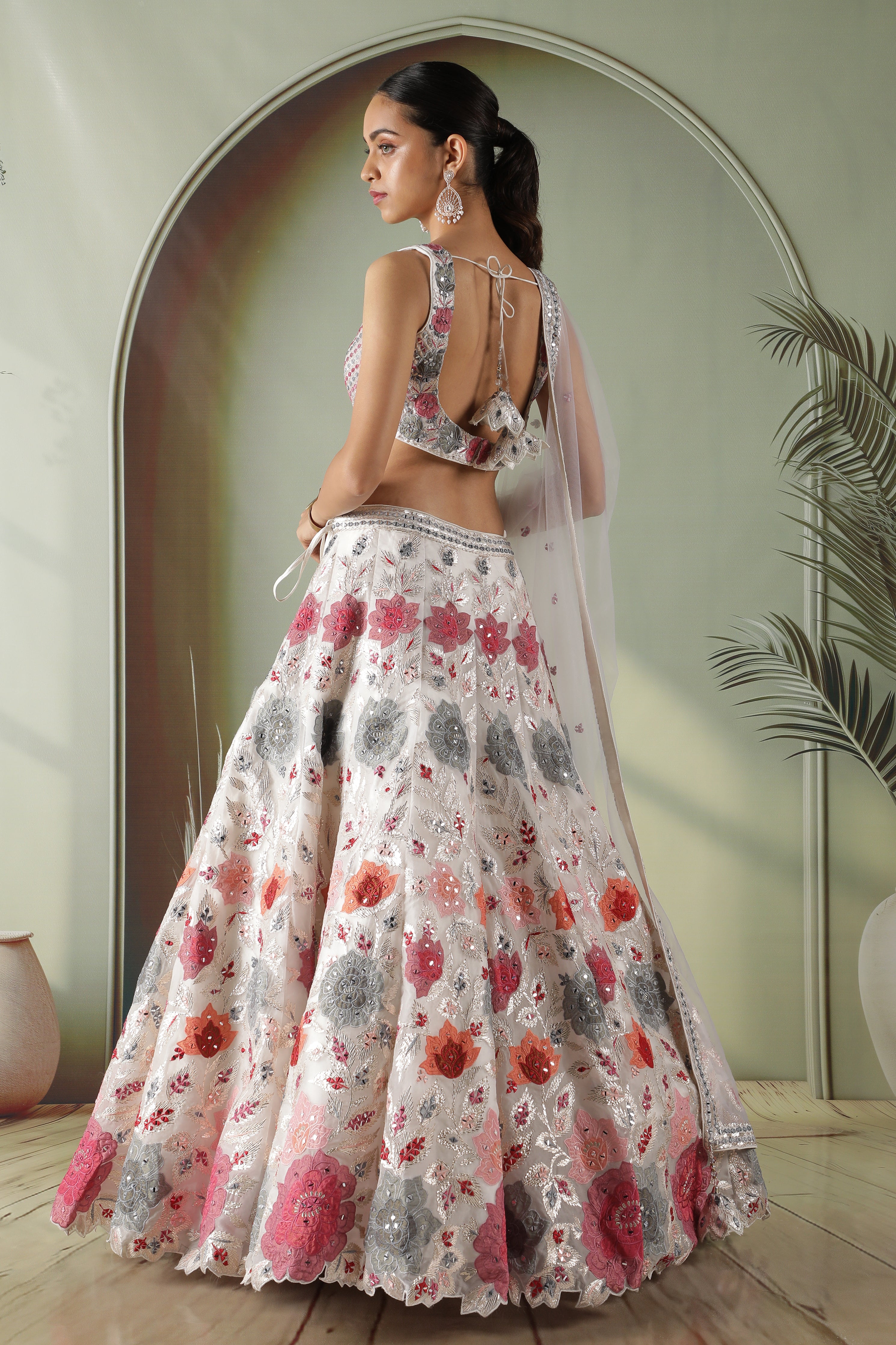 Ivory Organza Multicolor Appliqué Embroidered Lehenga Set