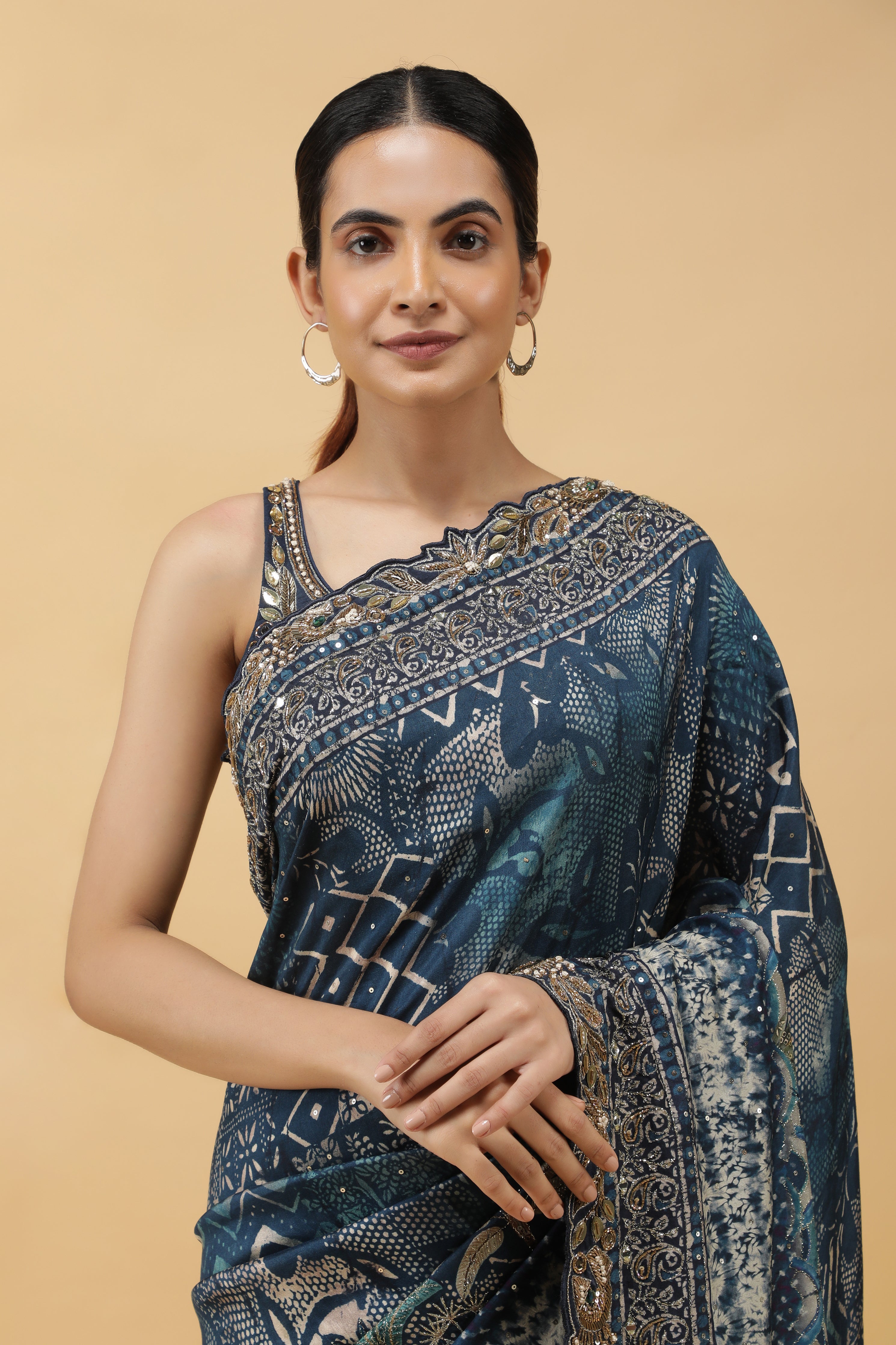 Steel Blue Crepe Silk Saree with Digital Print & Aari Embroidery