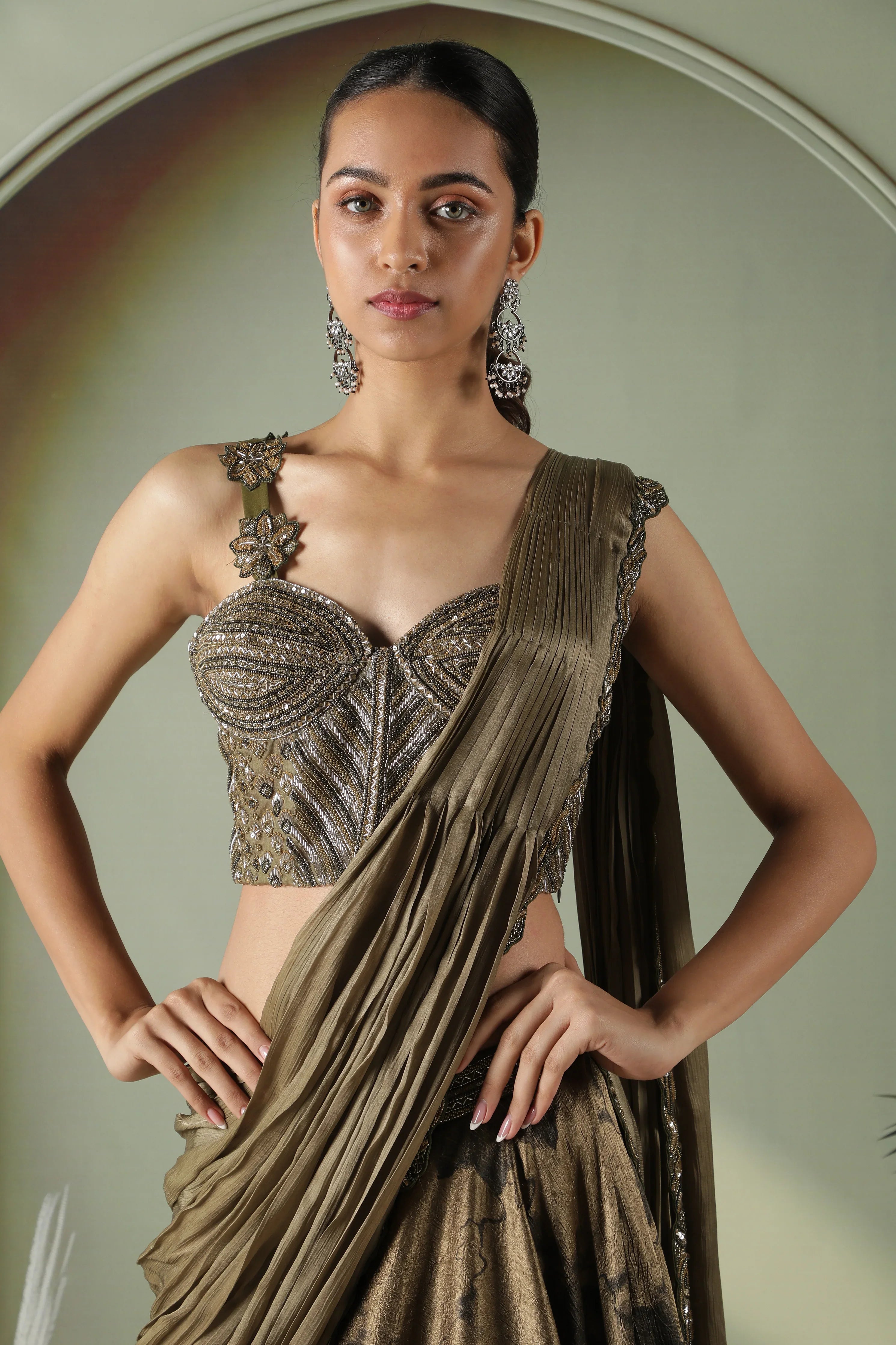 Olive Green Printed Textured Silk Drape Lehenga - Mokshaa