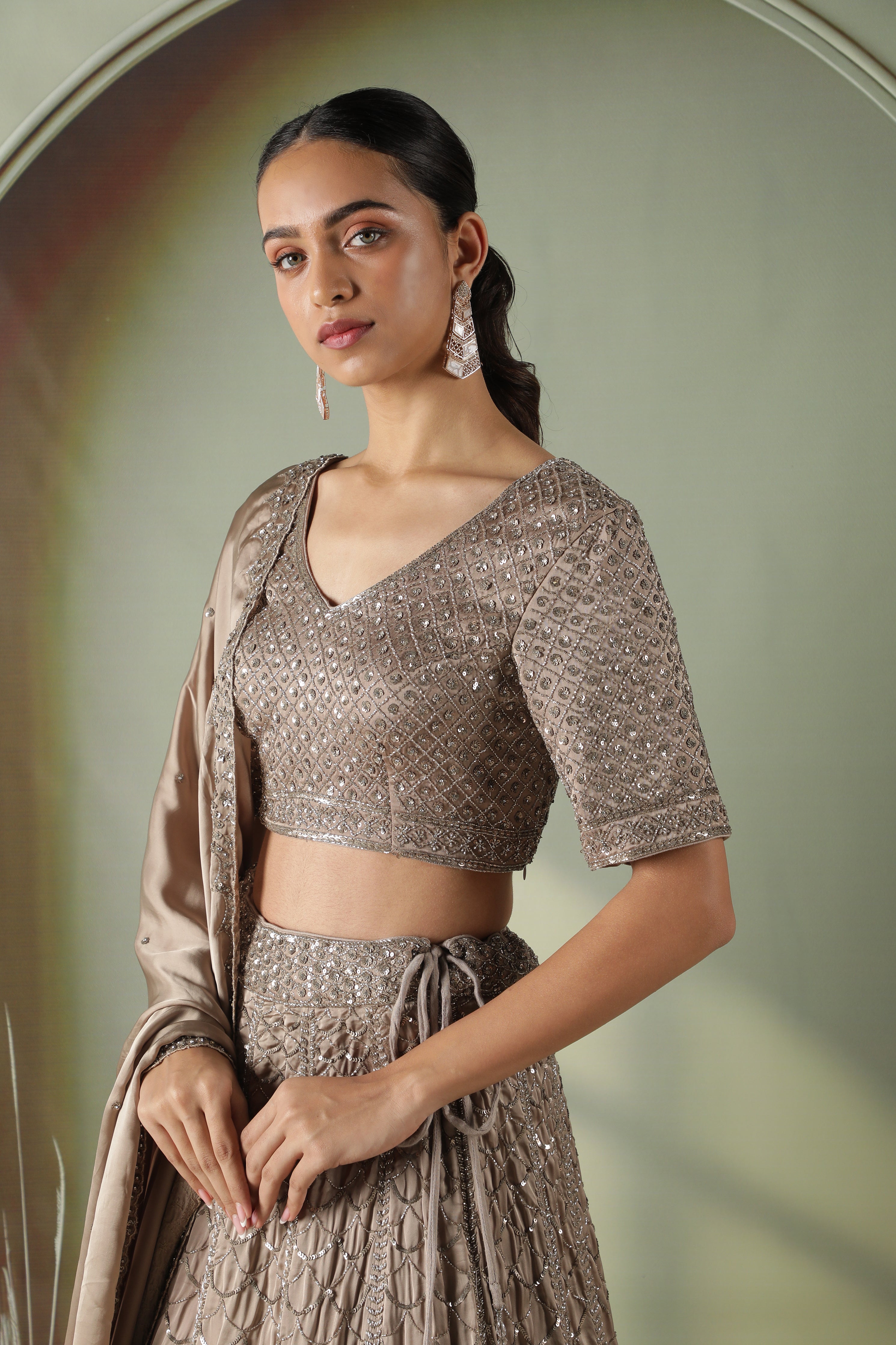 Mocha Satin Silk Lehenga Set