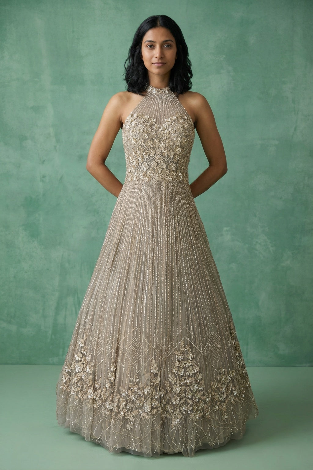 Champagne Net Halter Neck Gown - Mokshaa