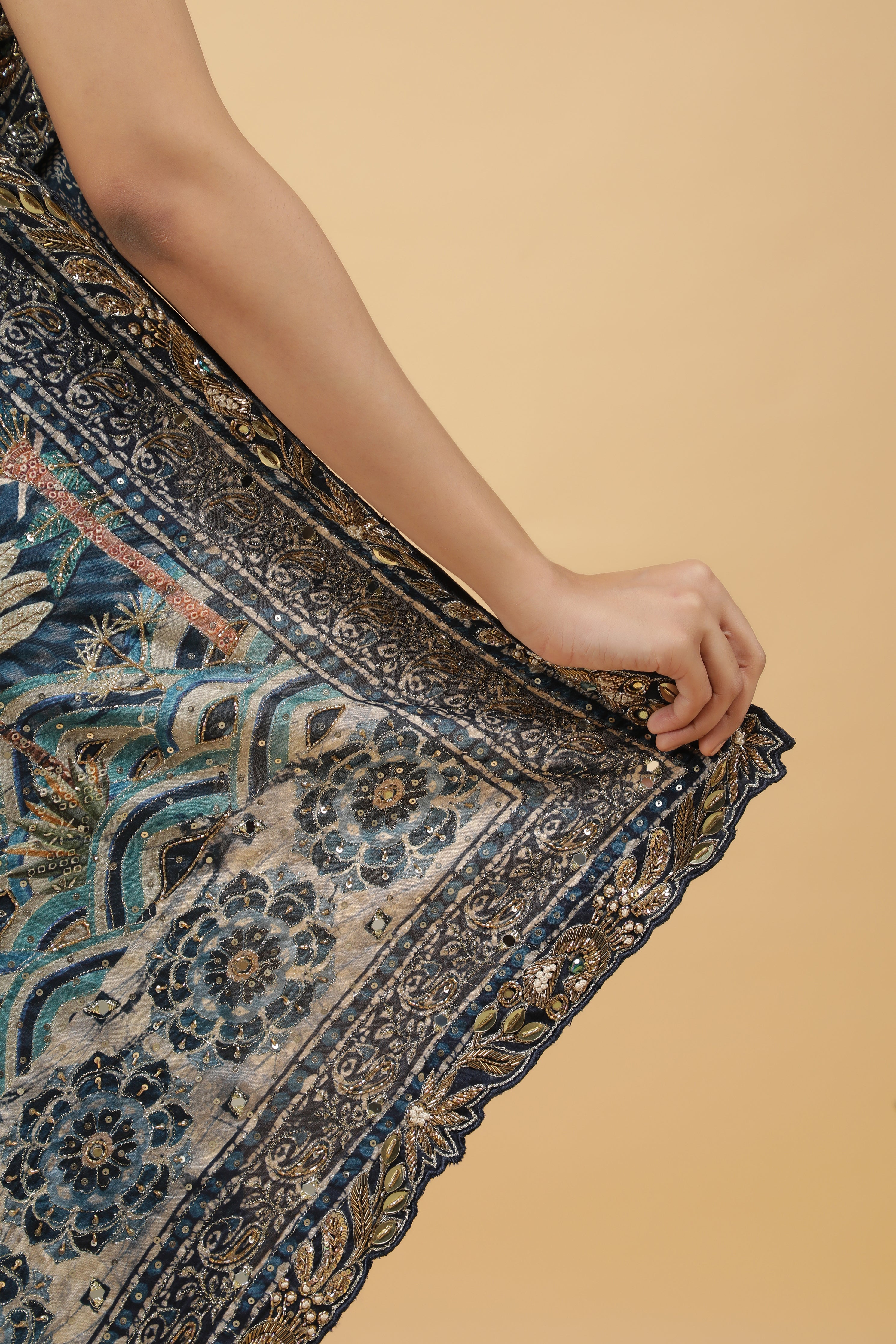 Steel Blue Crepe Silk Saree with Digital Print & Aari Embroidery