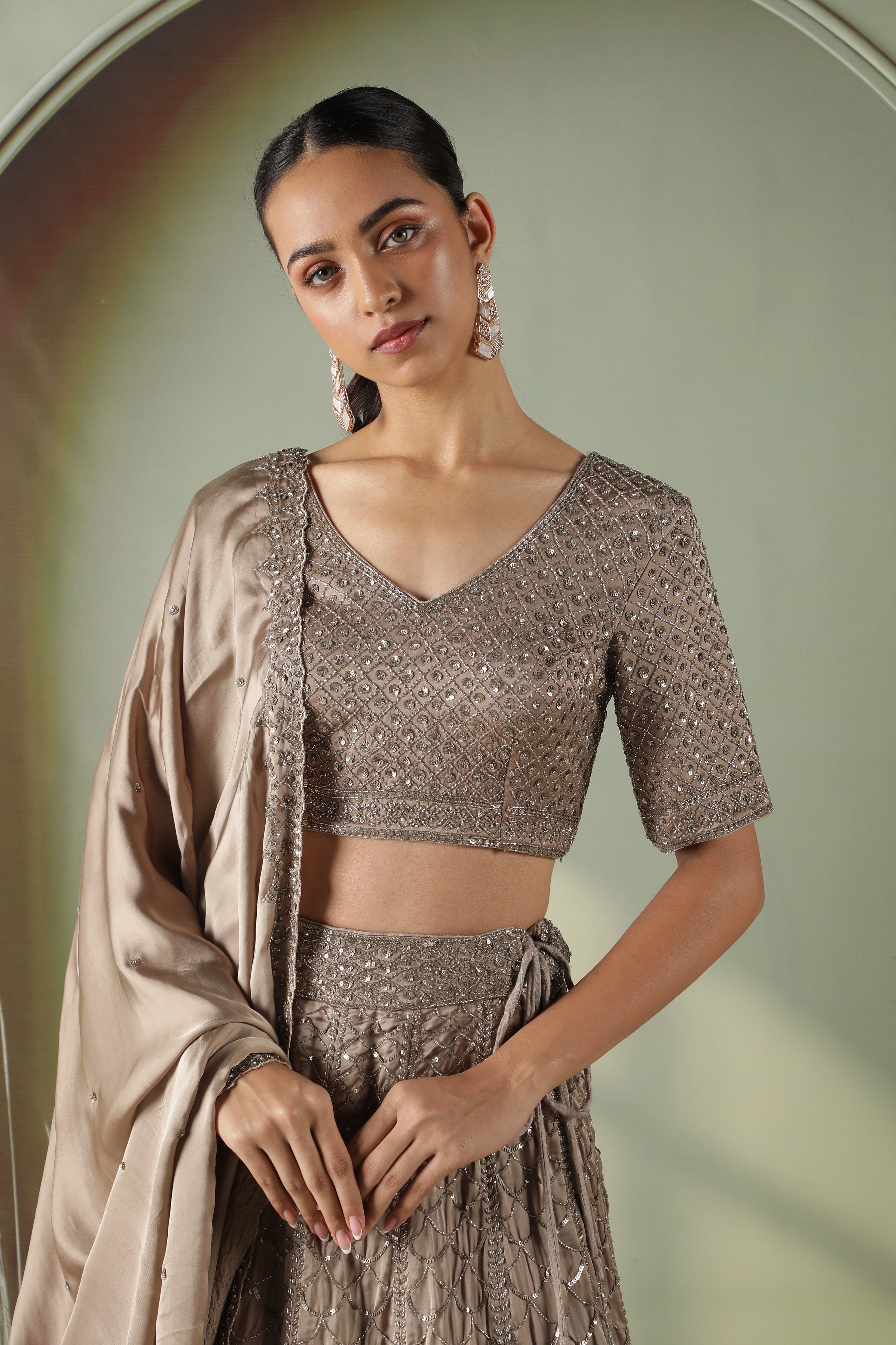 Mocha Satin Silk Lehenga Set