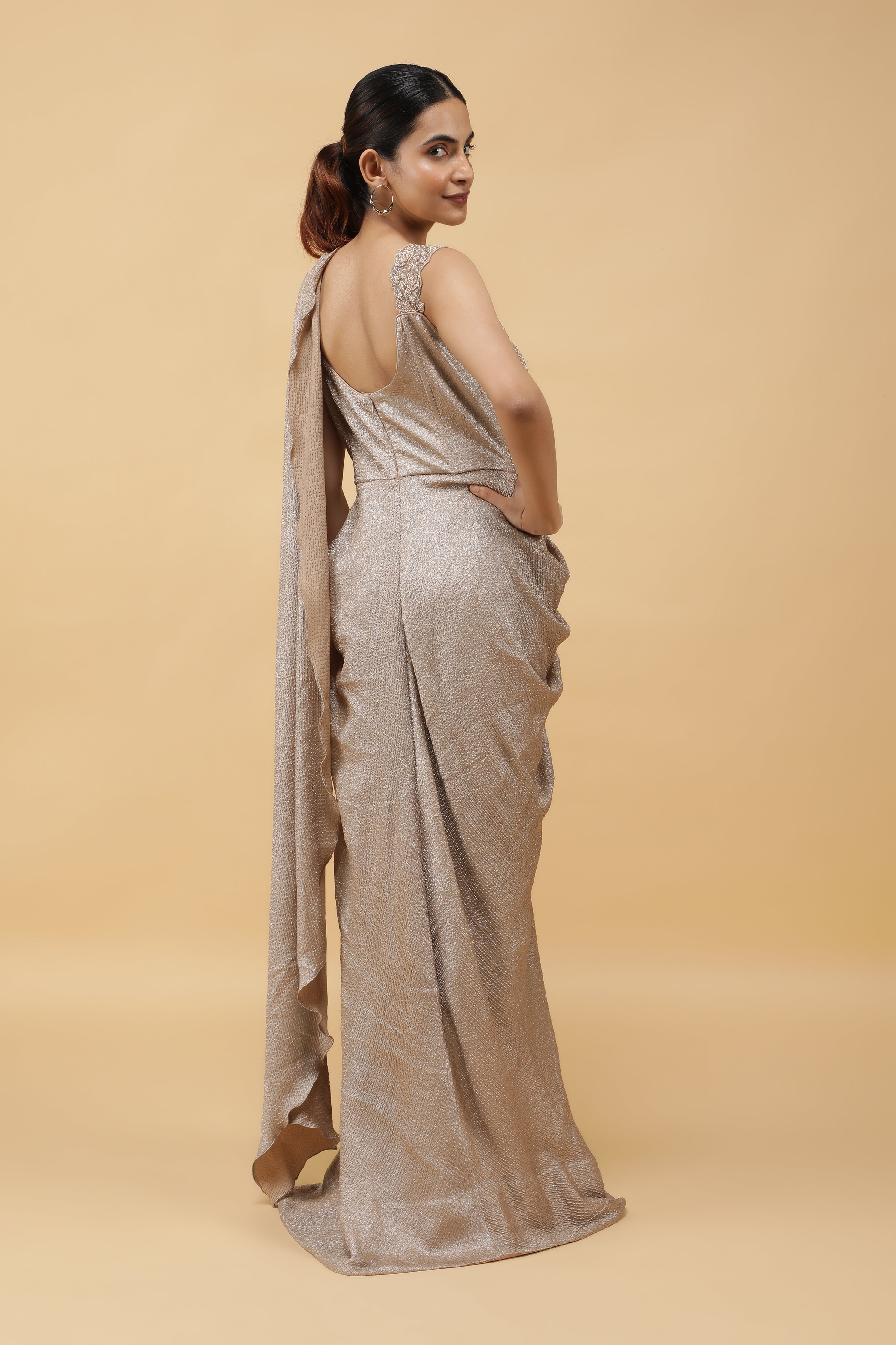 Champagne Radiance Kutdana Embroidered Crushed Draped Gown