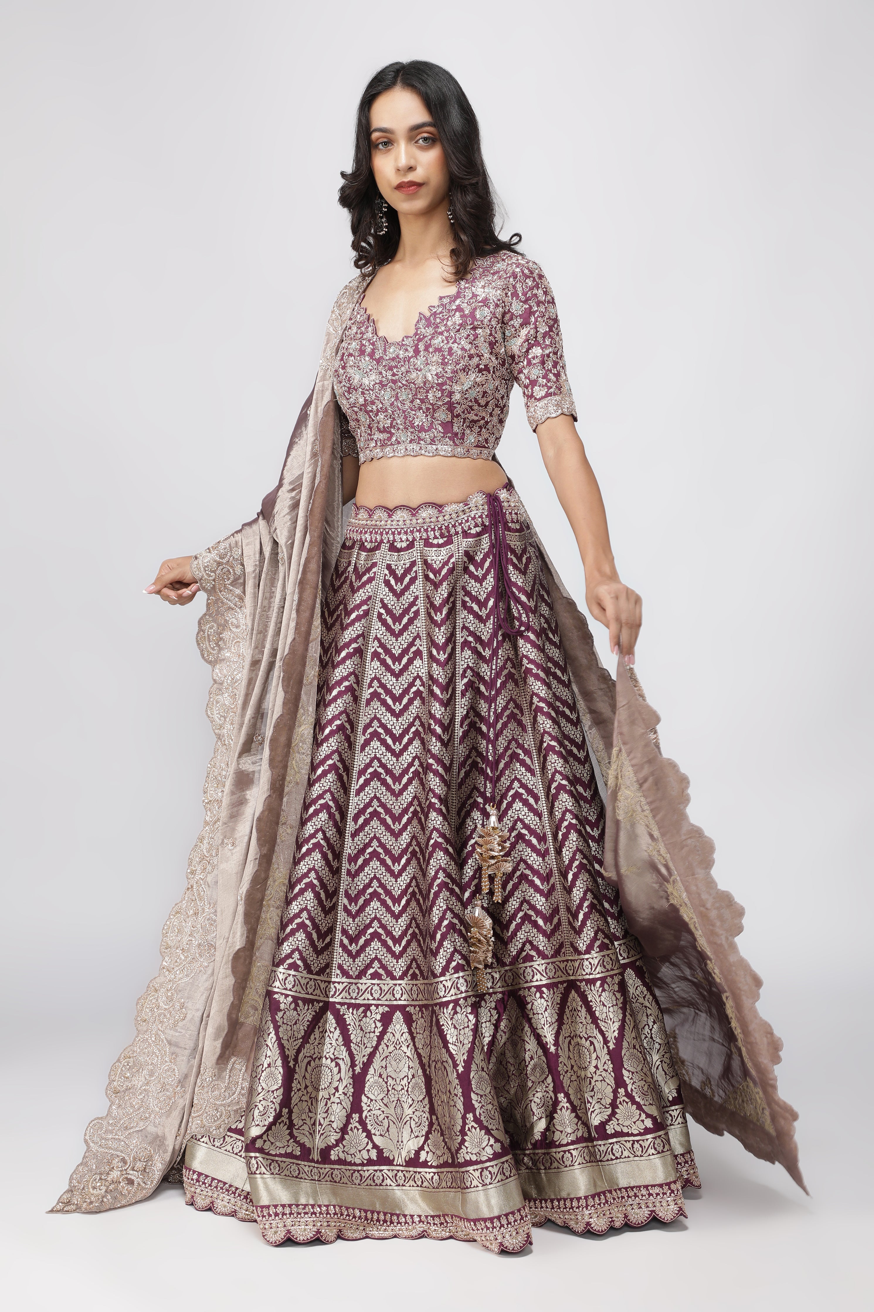 Violet Benarasi Silk Lehenga with Zardozi & French Knot Embroidery