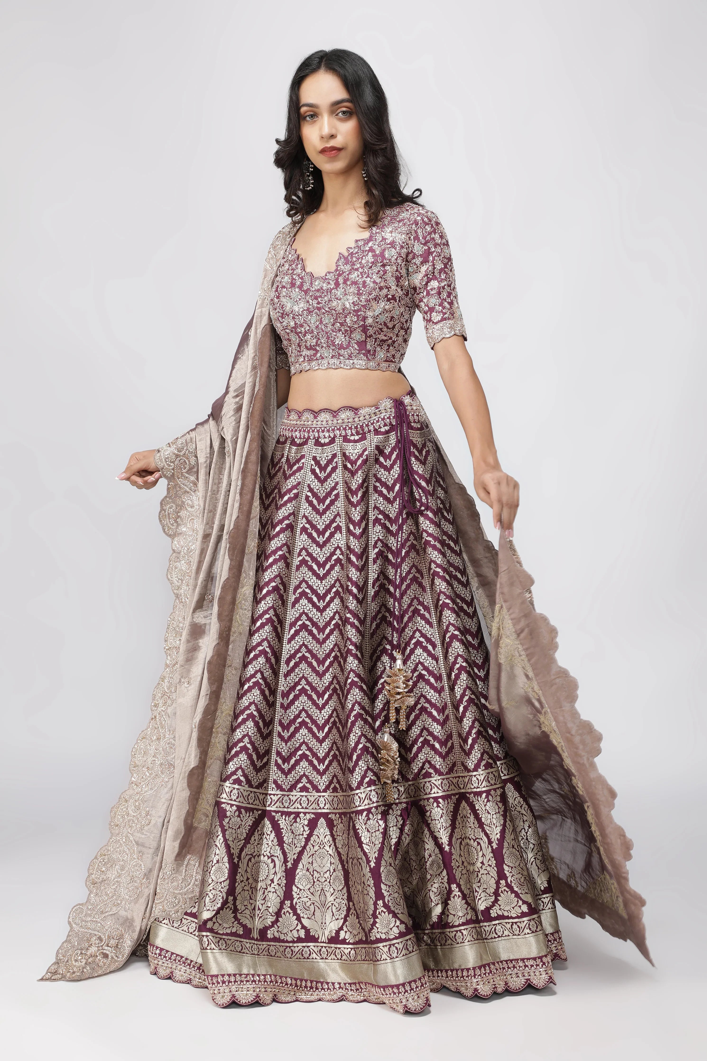Violet Benarasi Silk Lehenga with Zardozi & French Knot Embroidery | Mokshaa