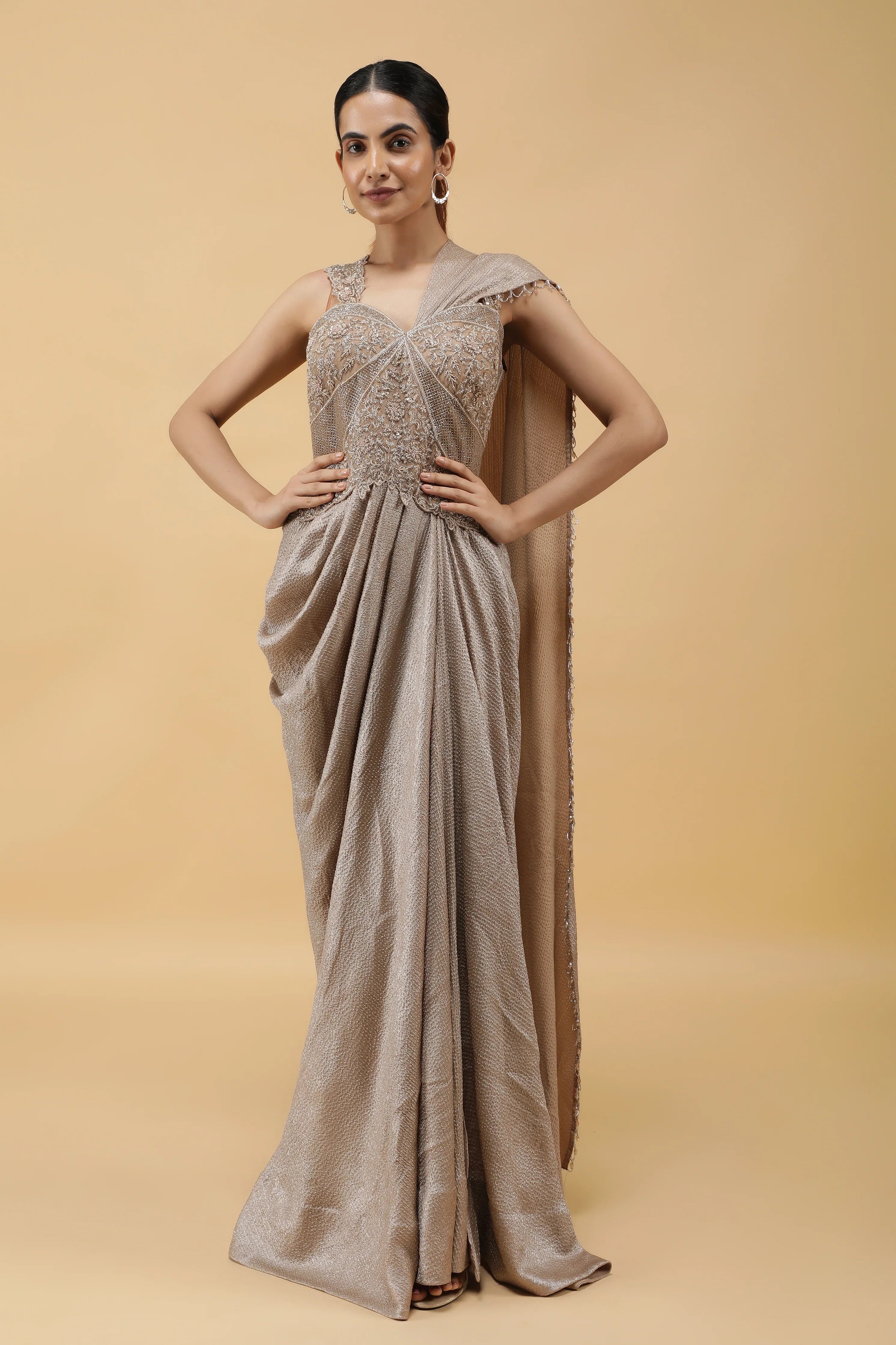 Champagne Radiance Kutdana Embroidered Crushed Draped Gown | Mokshaa
