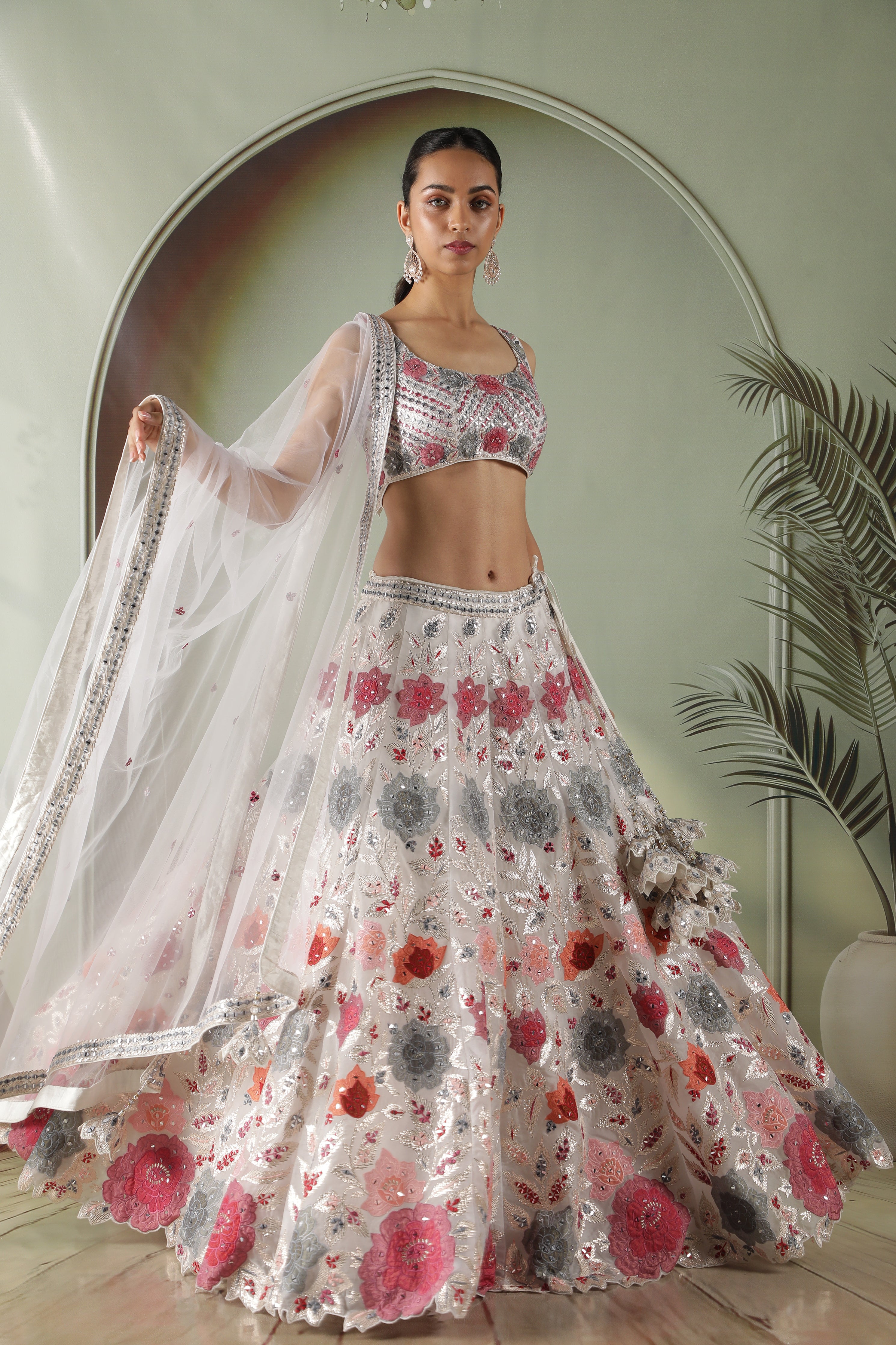 Ivory Organza Multicolor Appliqué Embroidered Lehenga Set