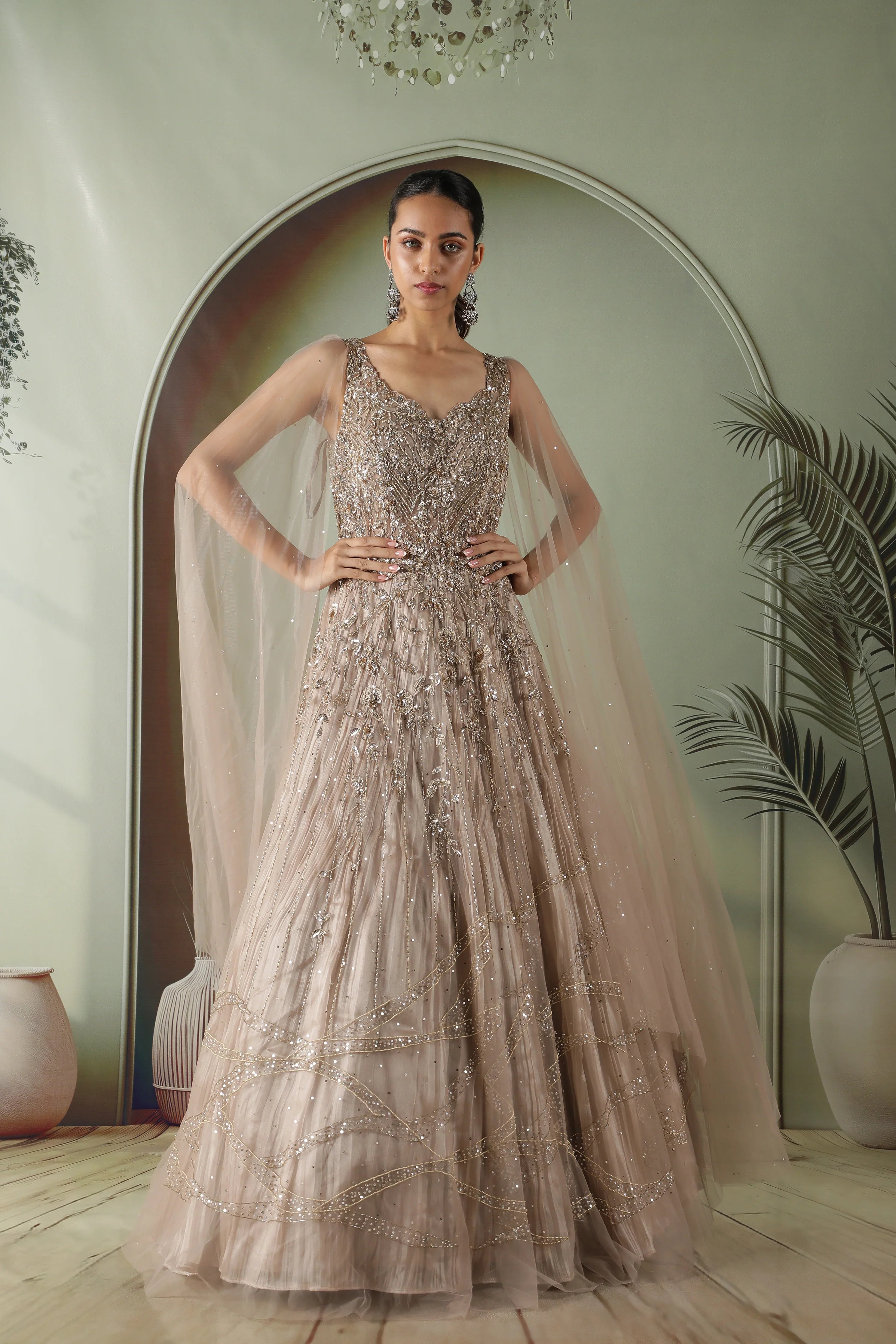 Dark Gold Net Gown | Mokshaa