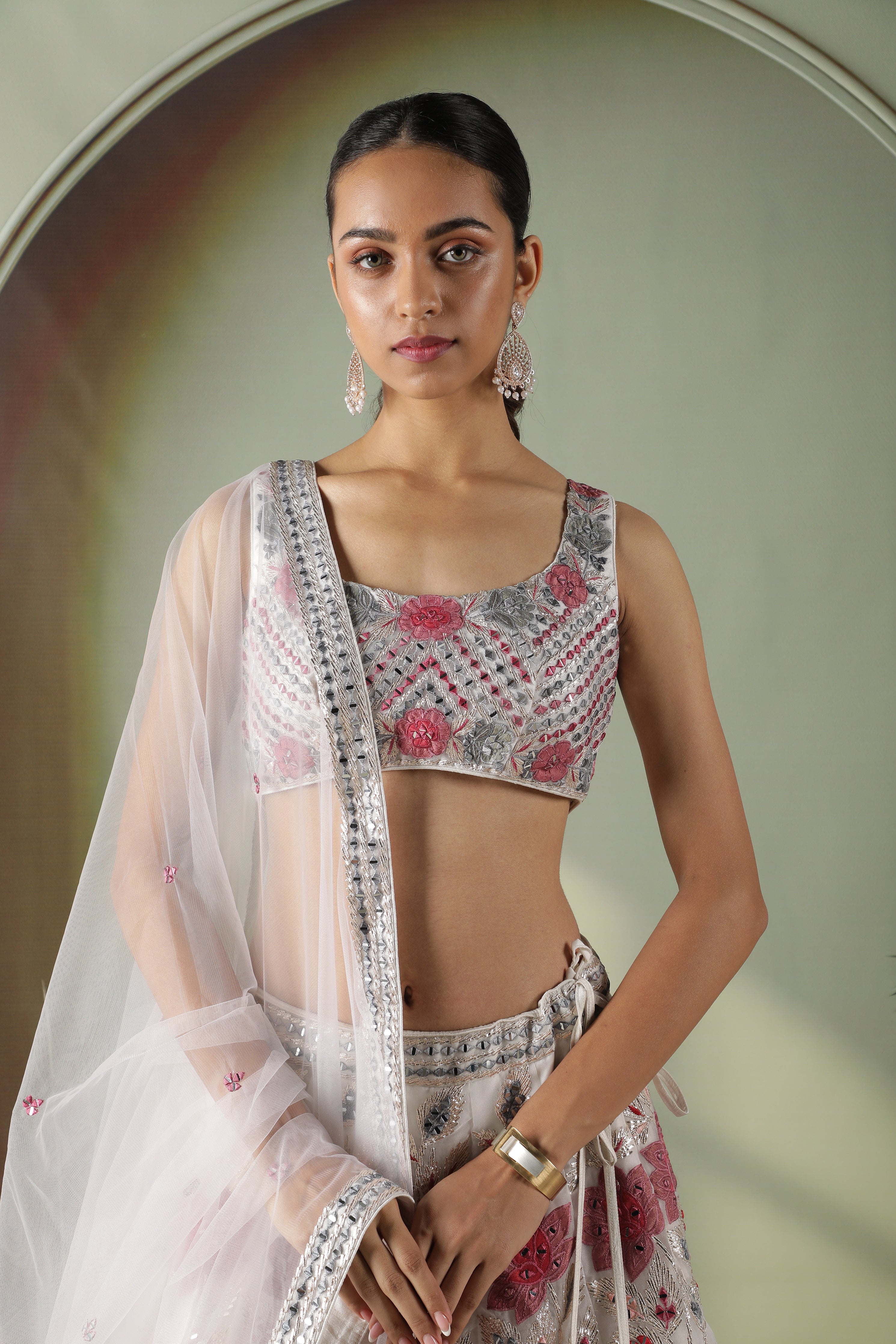 Ivory Organza Multicolor Appliqué Embroidered Lehenga Set