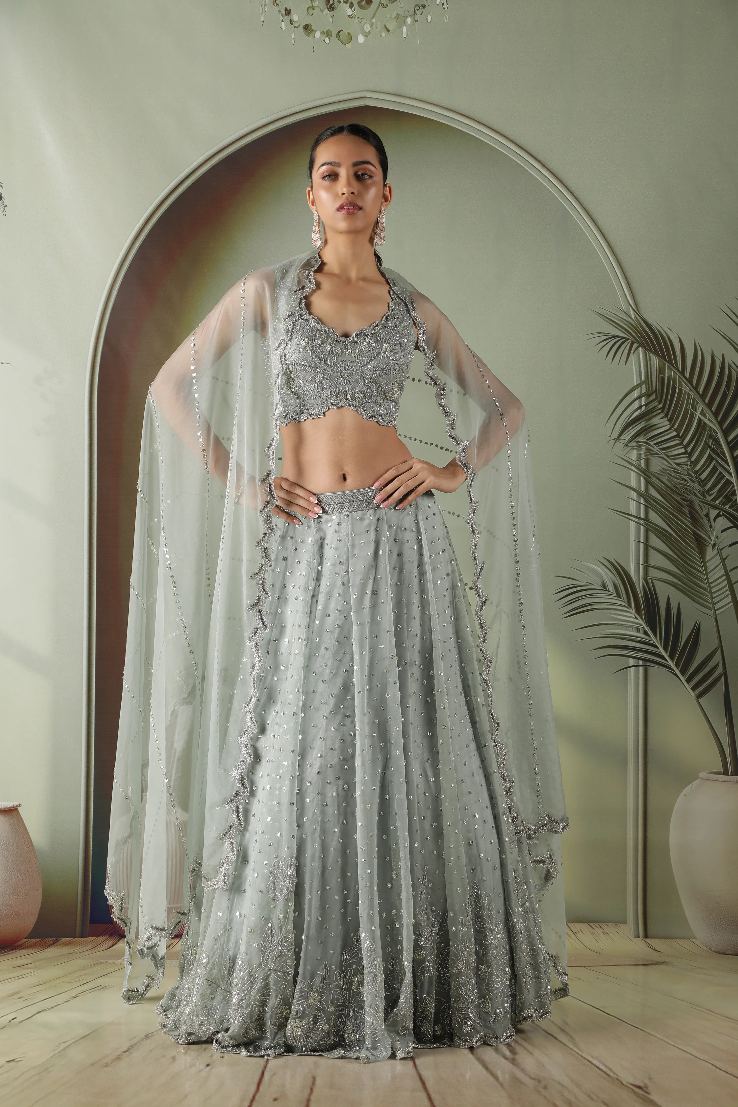 Ice Blue Organza Lehenga Set | Mokshaa