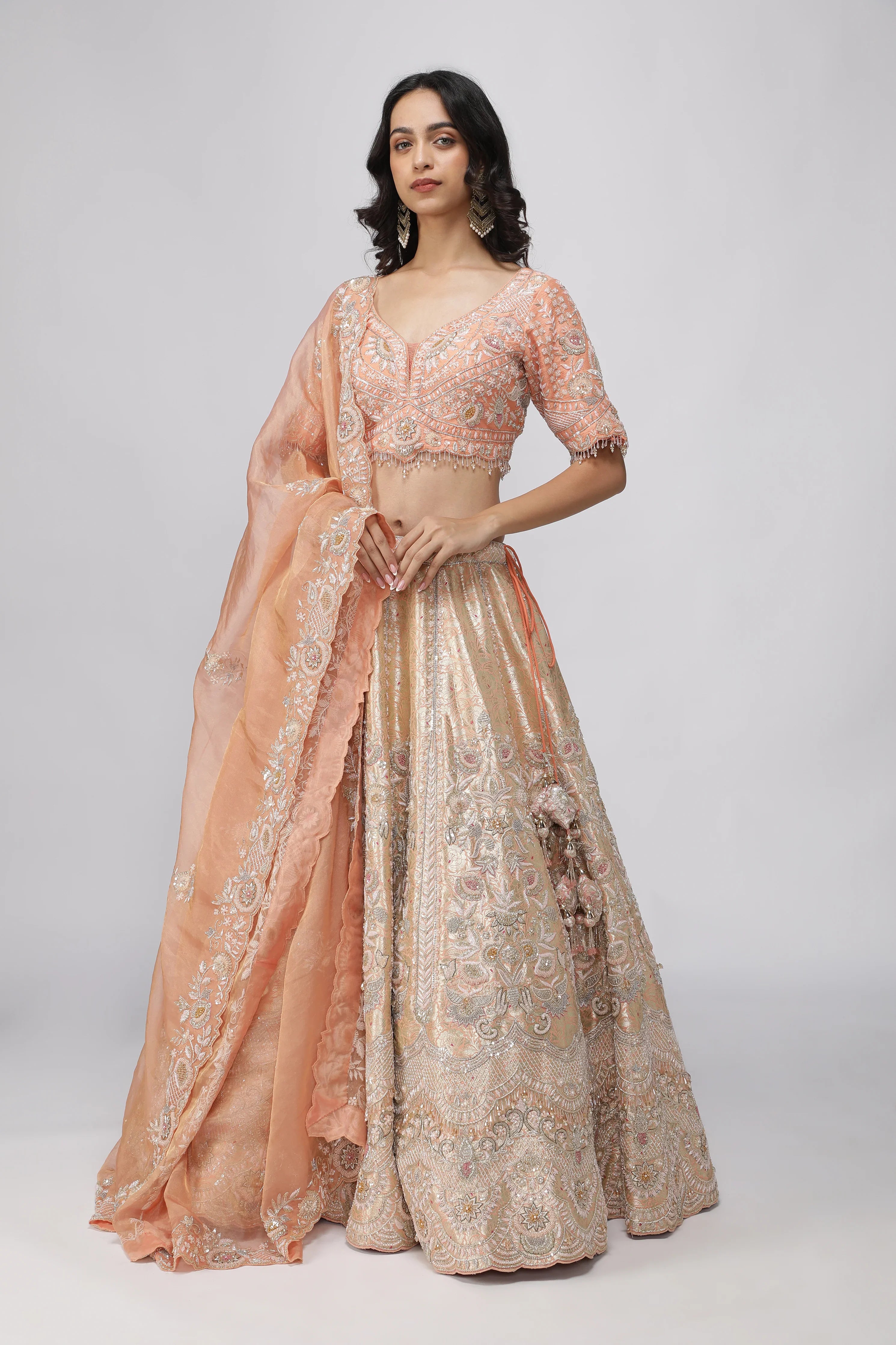 Peach Banarasi Silk Lehenga Set | Mokshaa