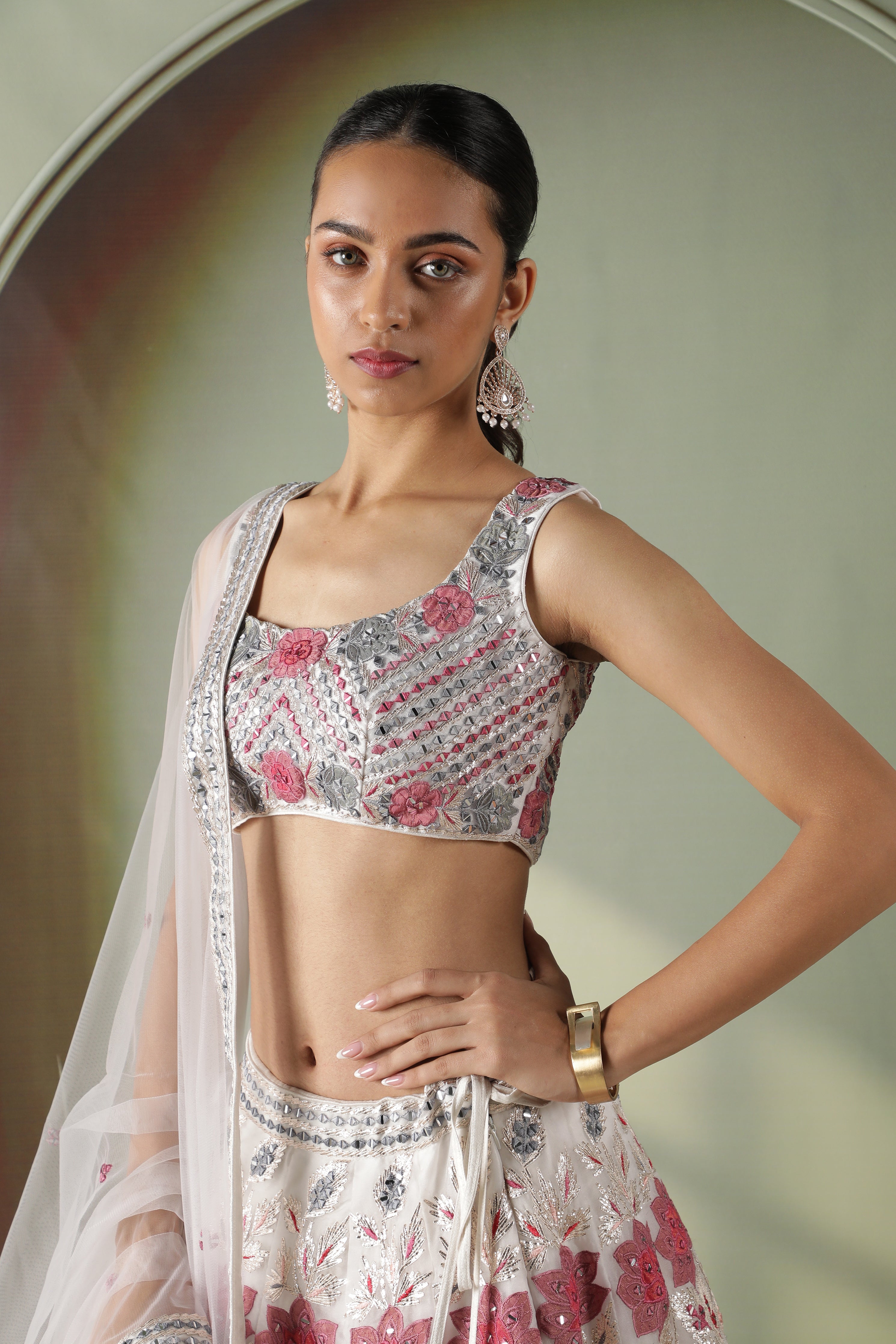 Ivory Organza Multicolor Appliqué Embroidered Lehenga Set