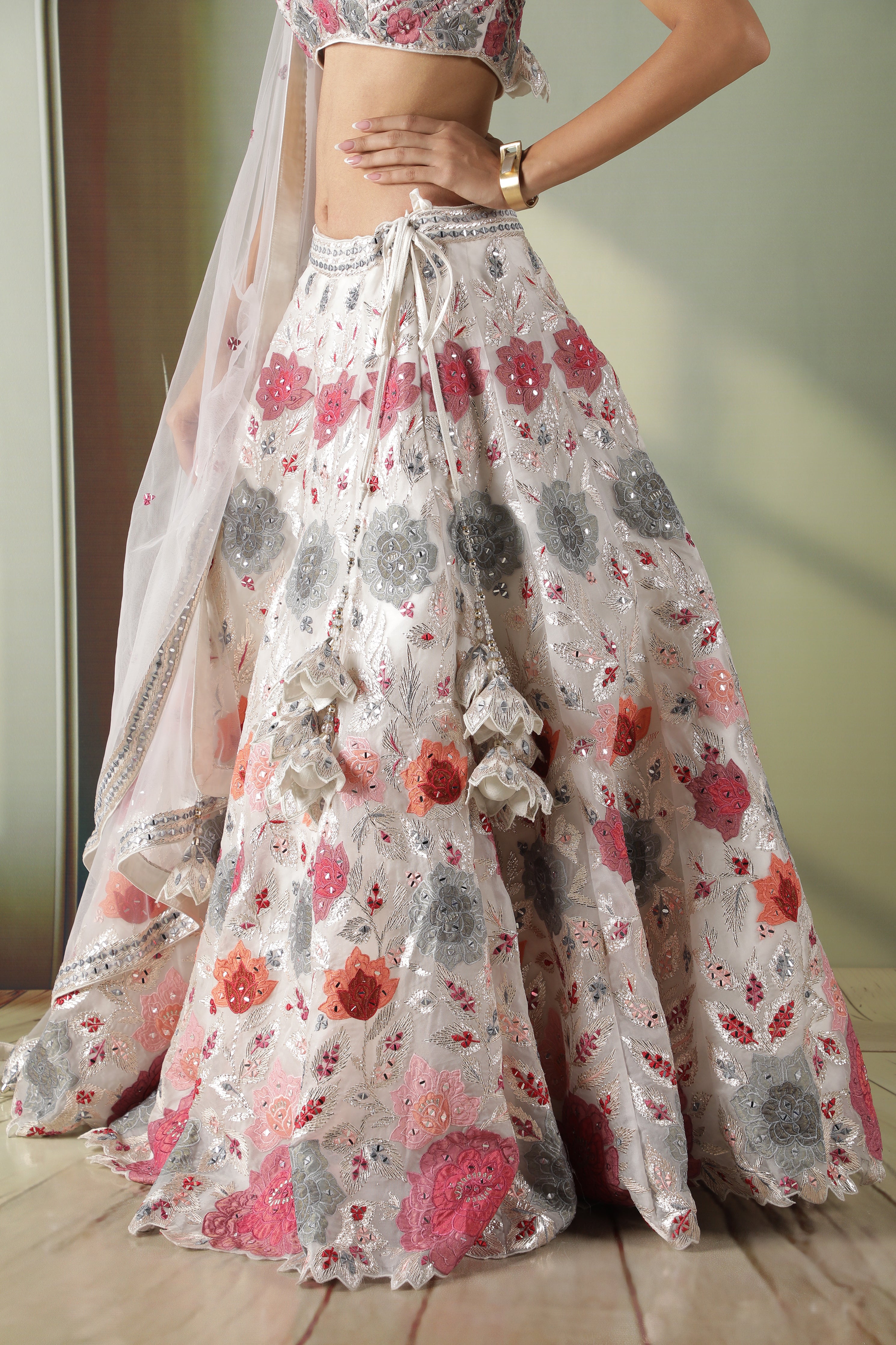 Ivory Organza Multicolor Appliqué Embroidered Lehenga Set